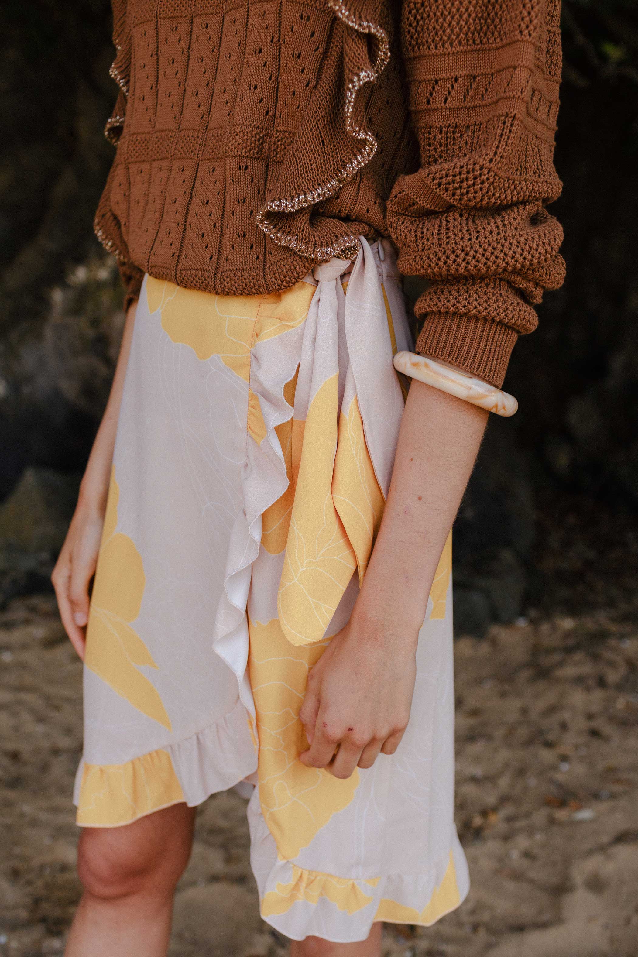 Mustard/sand print ruffle skirt