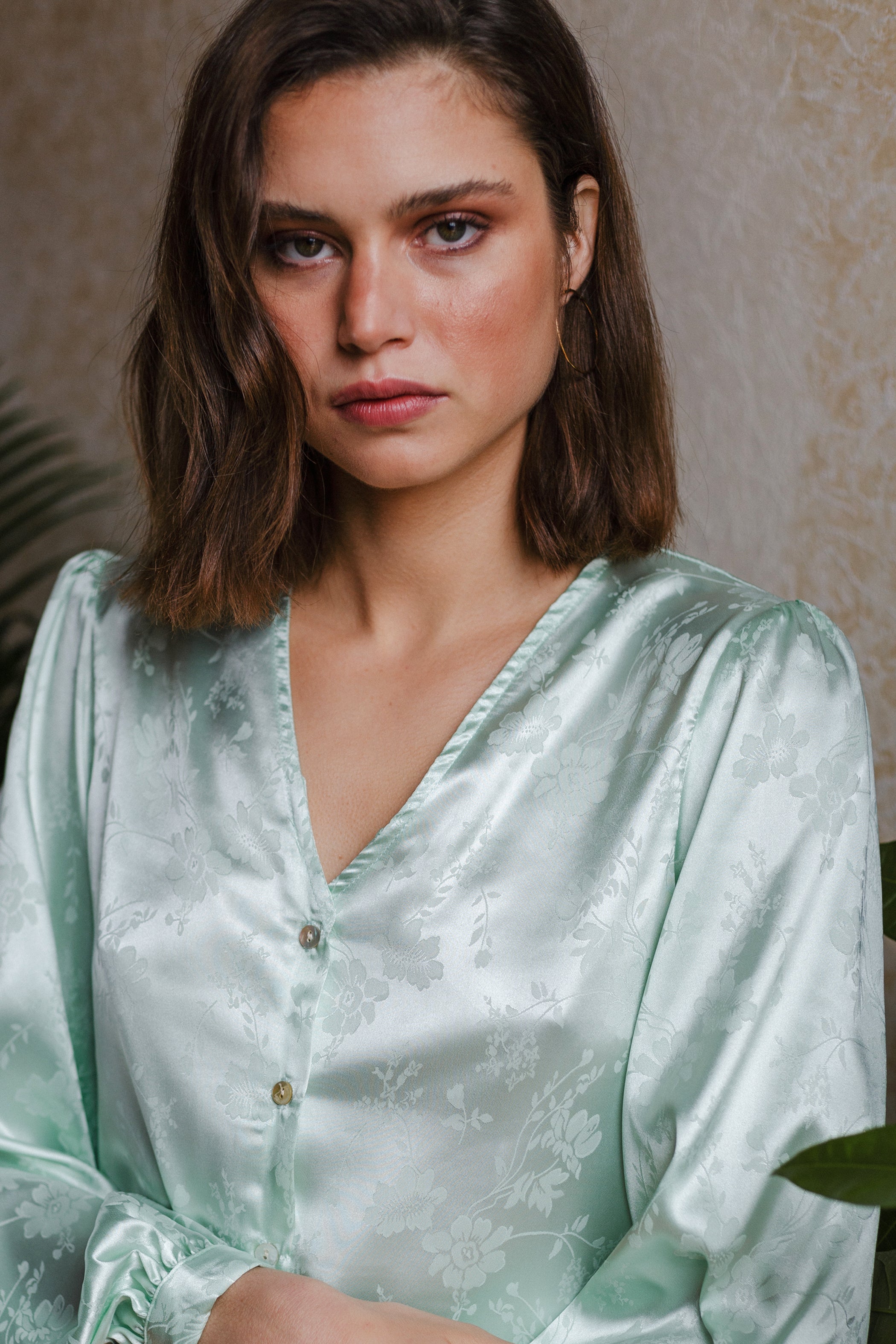 Mint green jacquard V-neck blouse