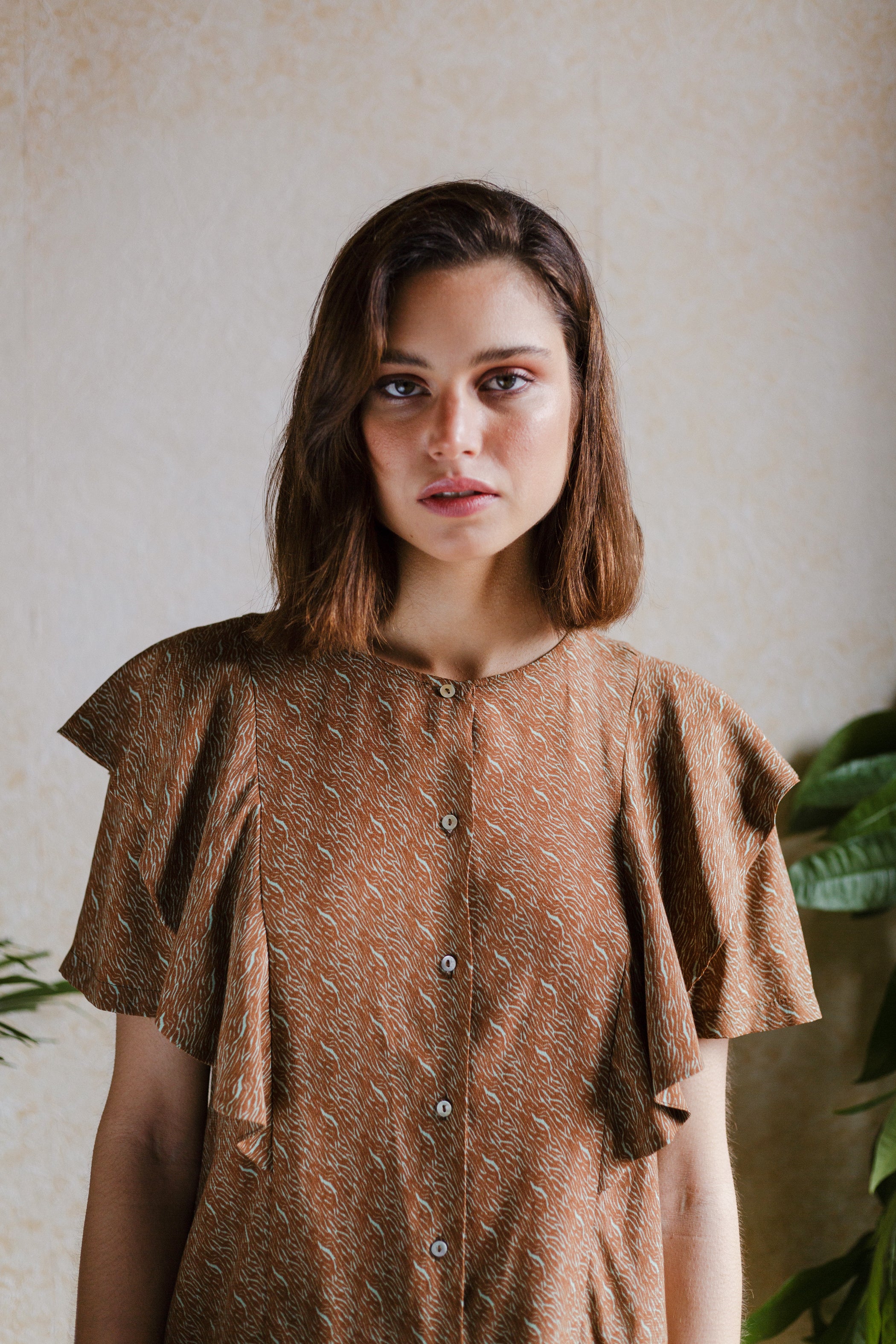 Animal print blouse TOBACCO MINT ruffles