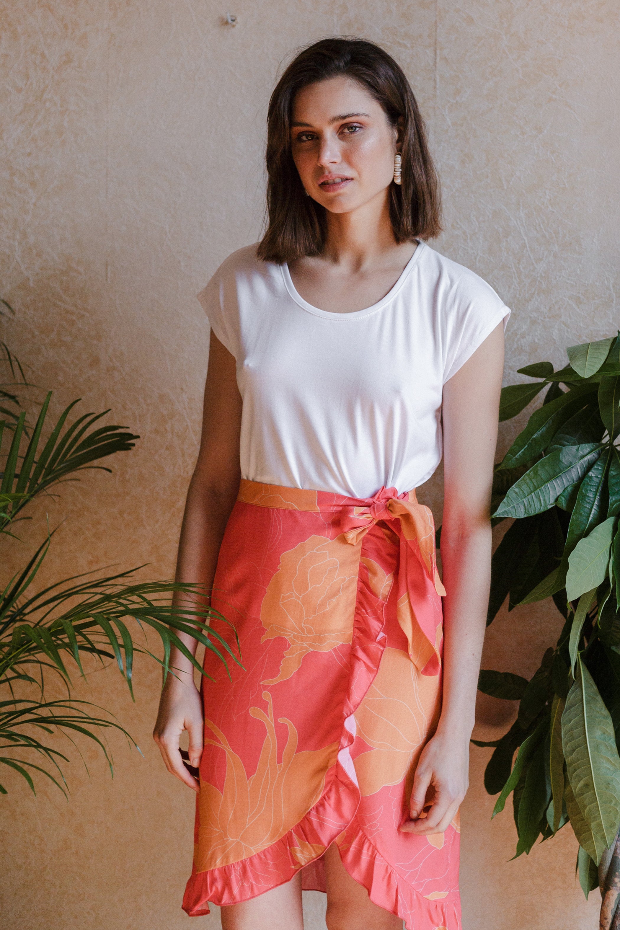 Coral/pink print flounce skirt