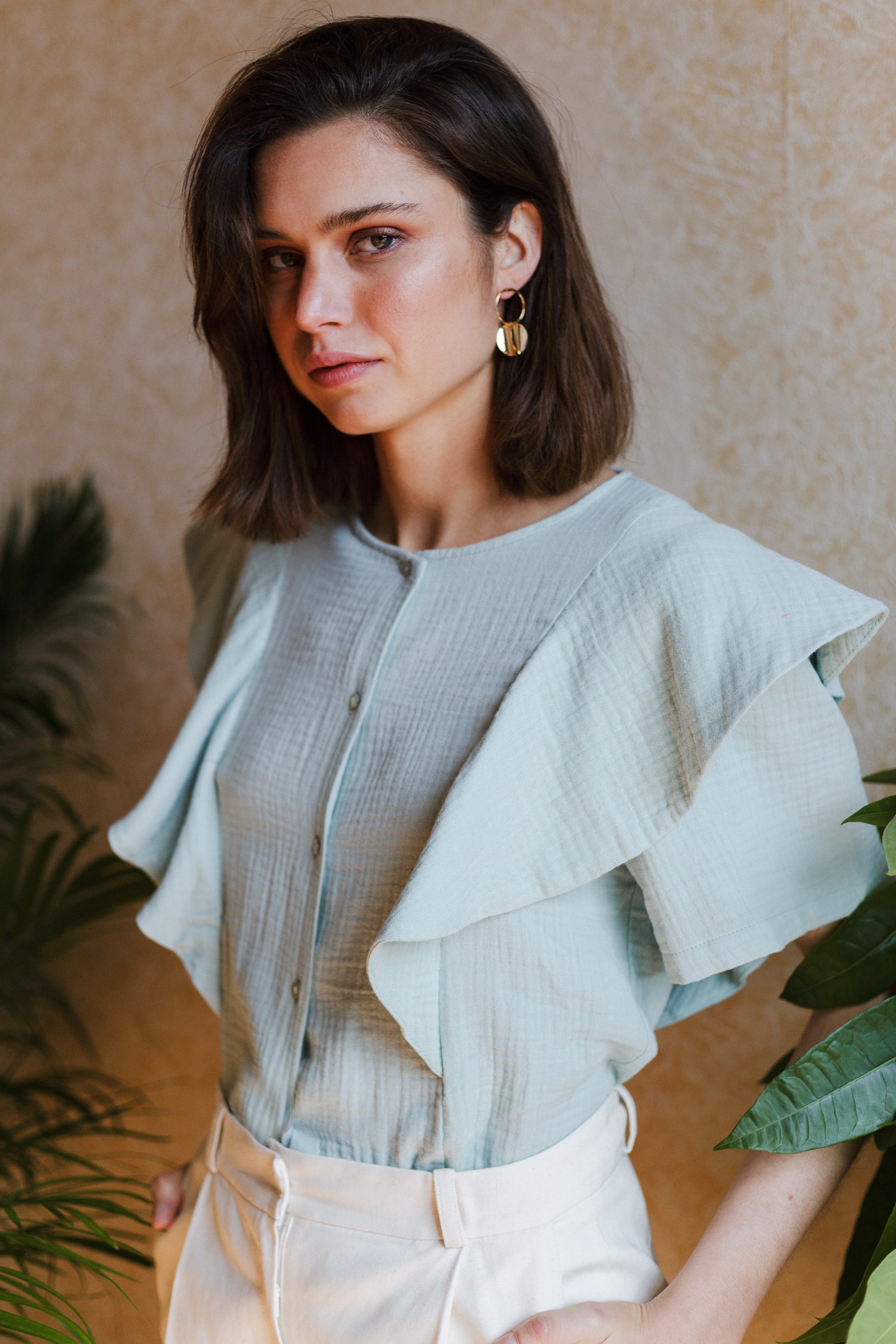 Mint organic cotton ruffled blouse