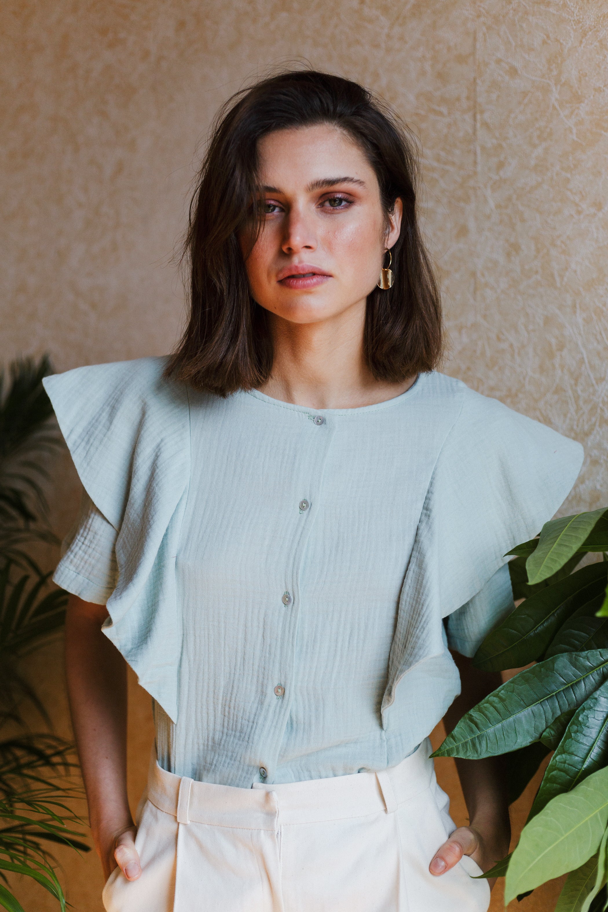 Mint organic cotton ruffled blouse