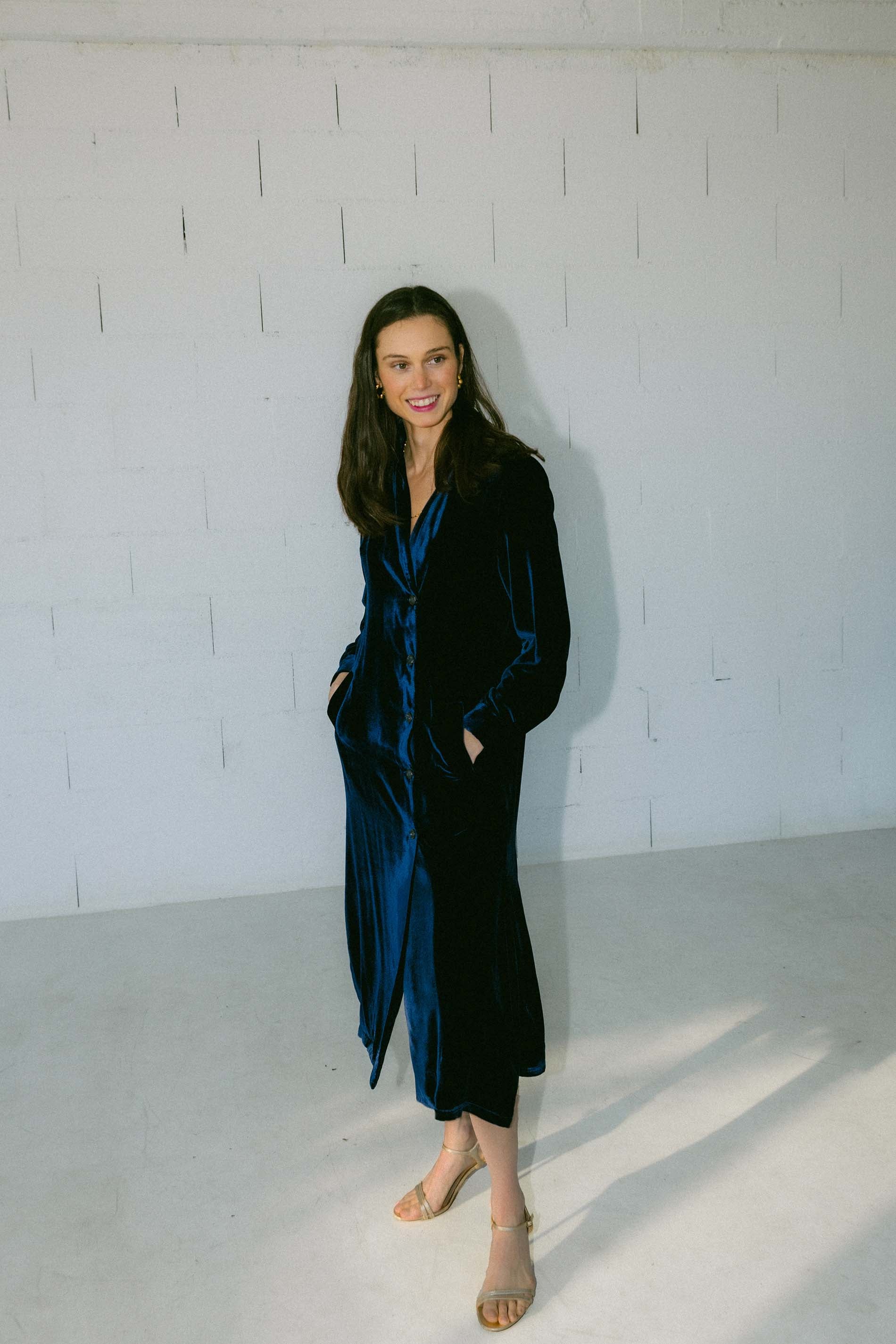Abrigo vestido terciopelo de seda AZUL noche