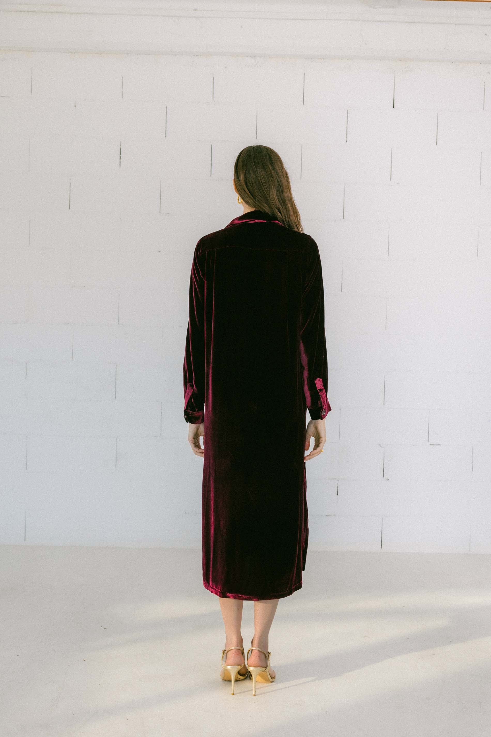 Abrigo vestido terciopelo de seda burdeos