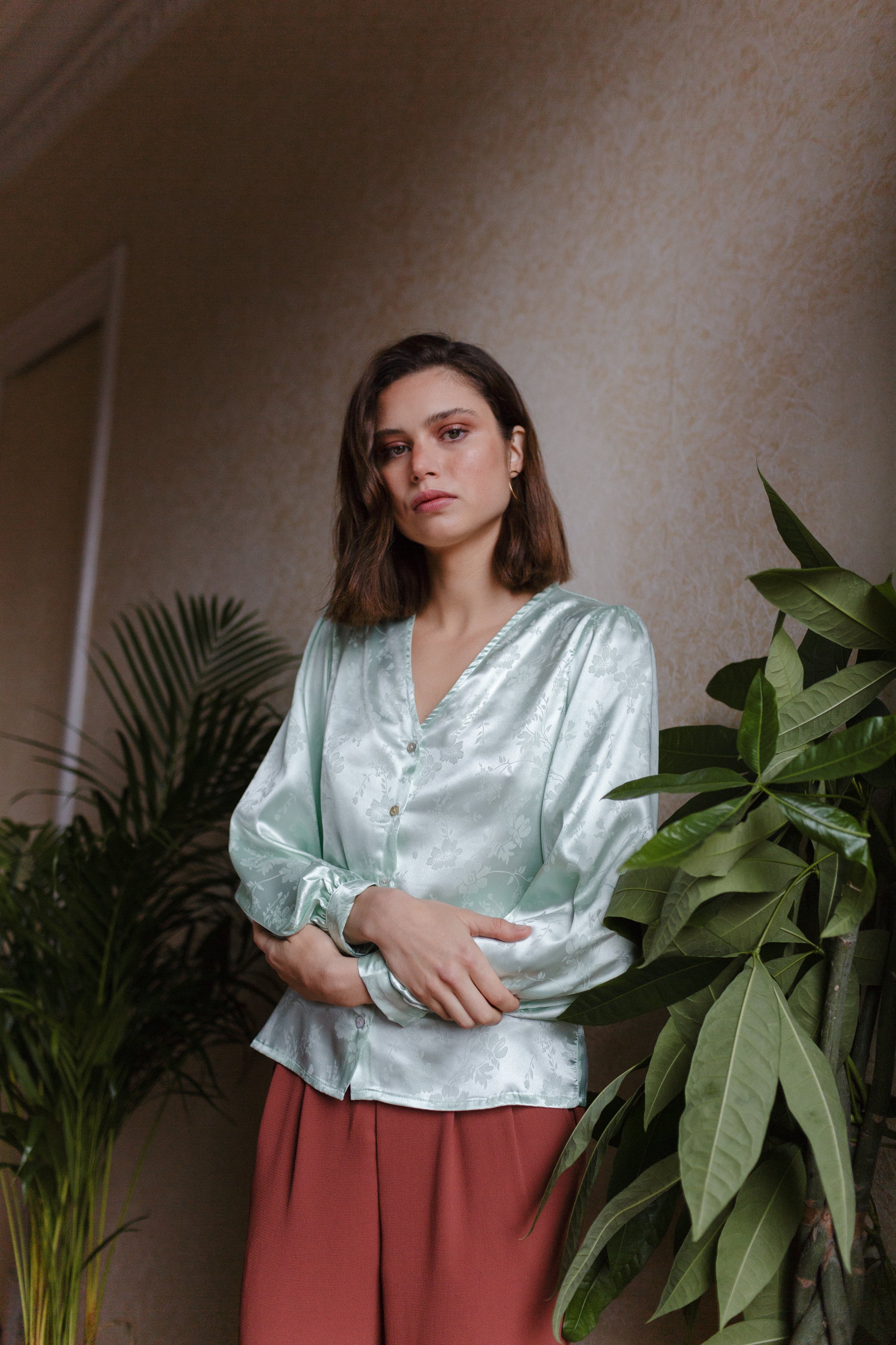 Mint green jacquard V-neck blouse