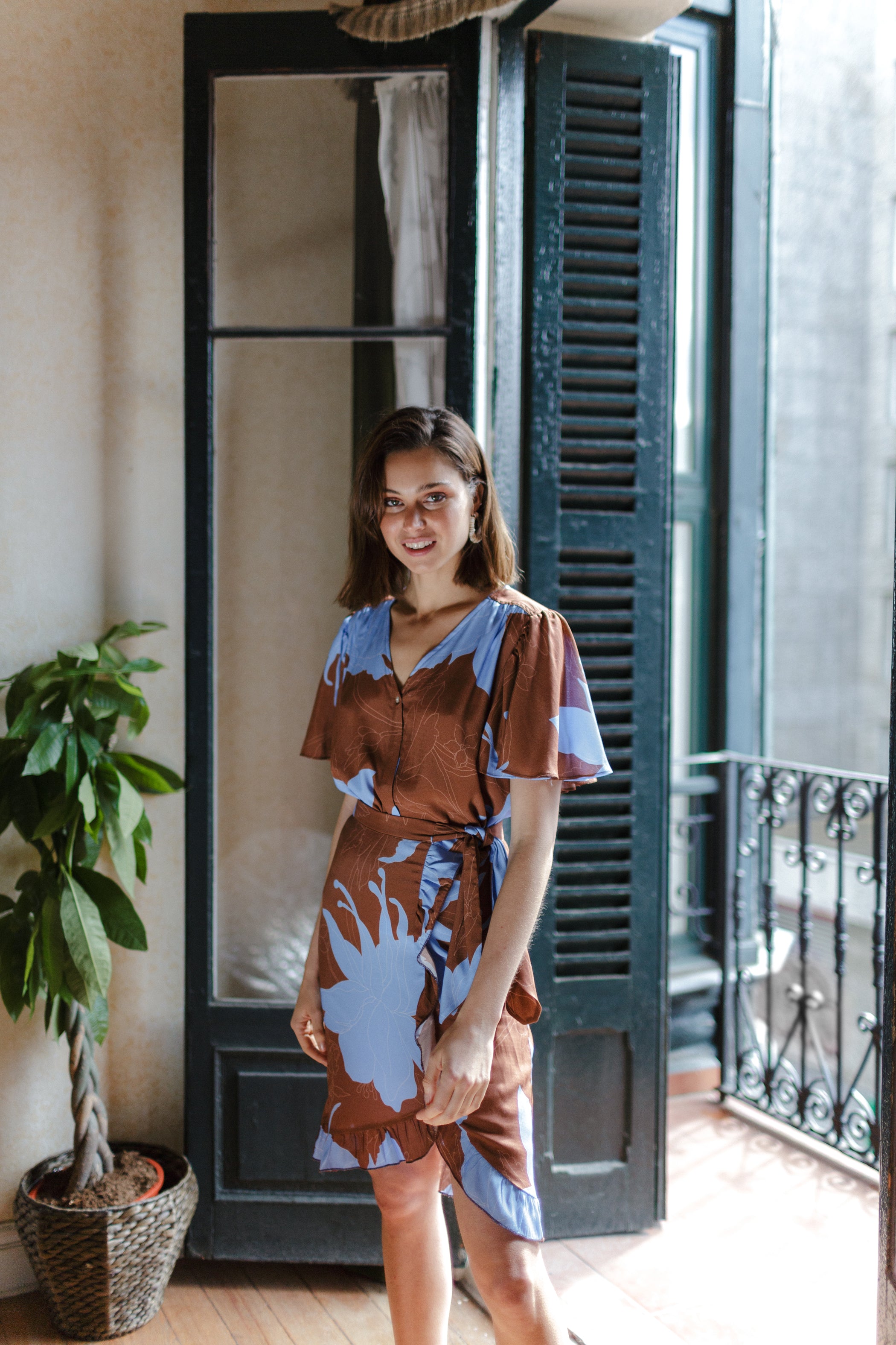 Tobacco/blue print flounce skirt