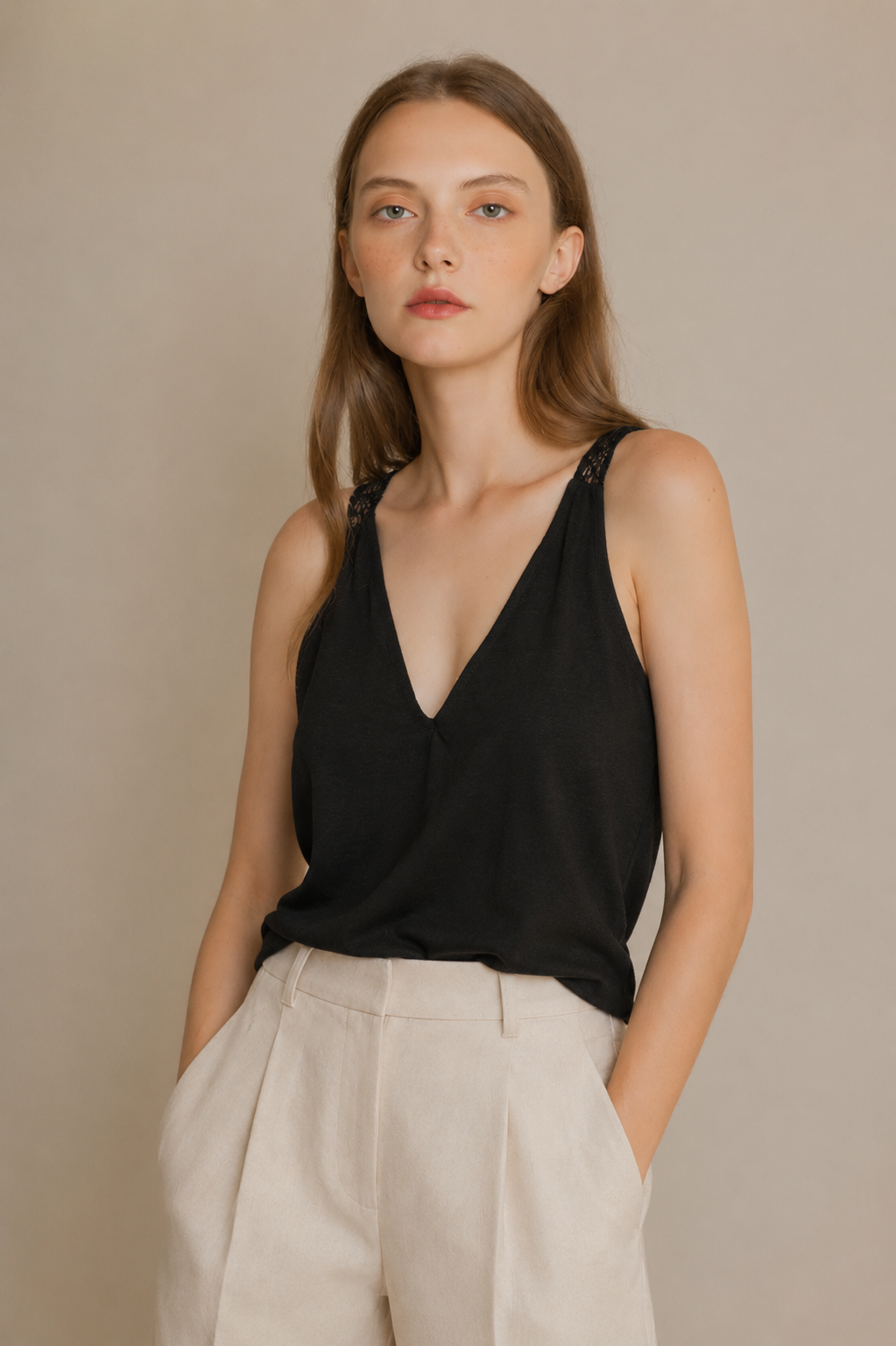 Black linen tank top with lace shoulder