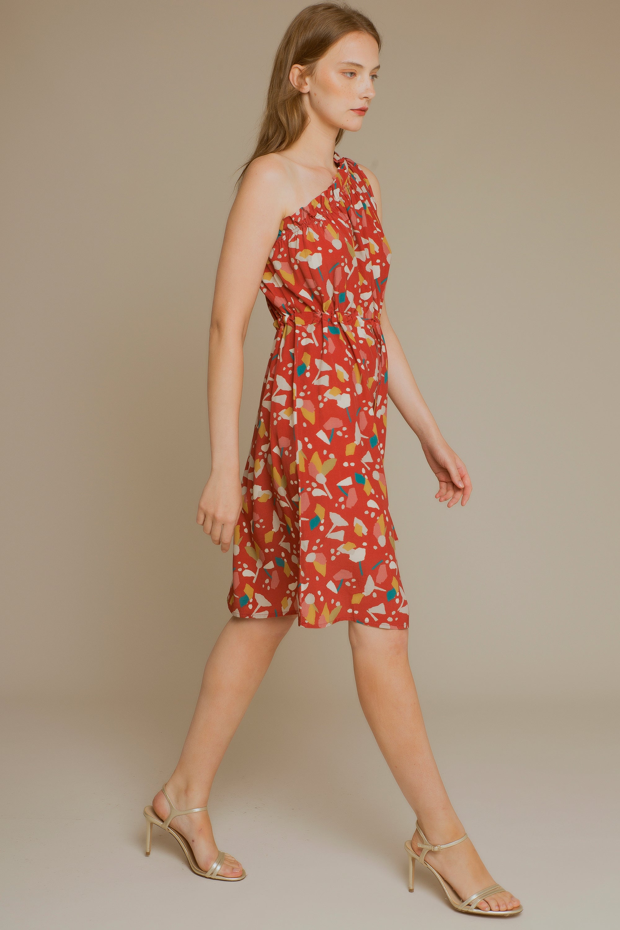 Asymmetric terracotta print dress