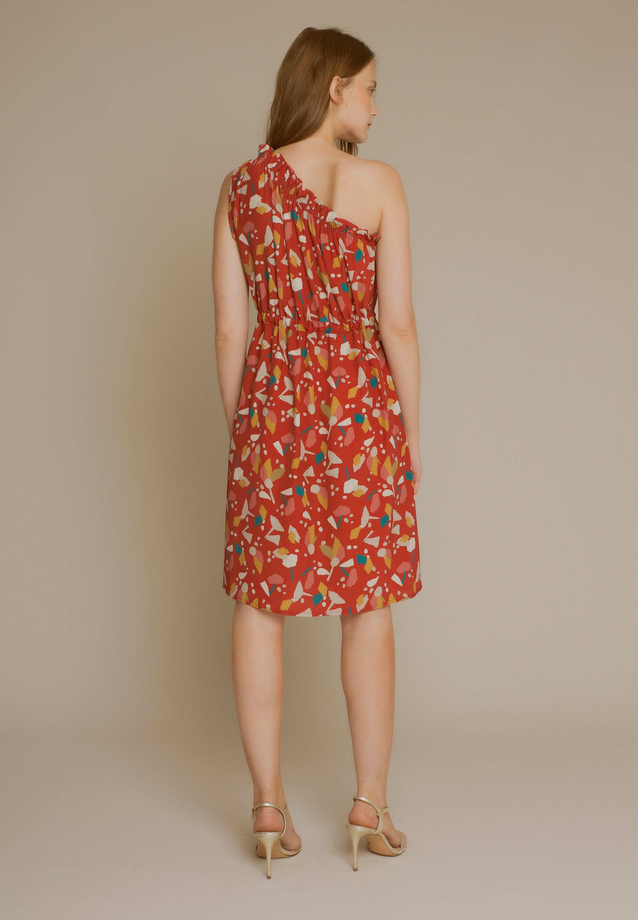 Asymmetric terracotta print dress