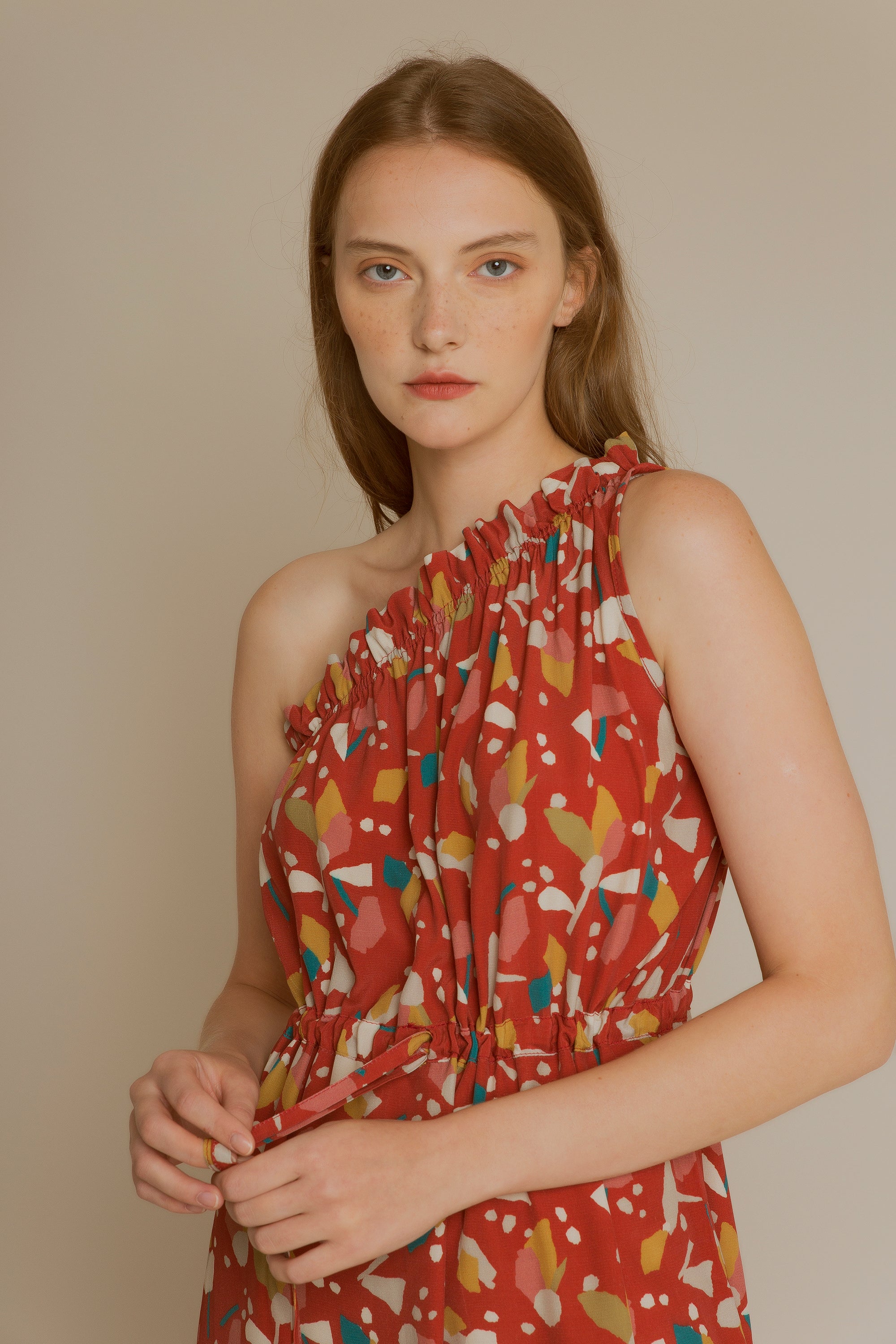 Asymmetric terracotta print dress