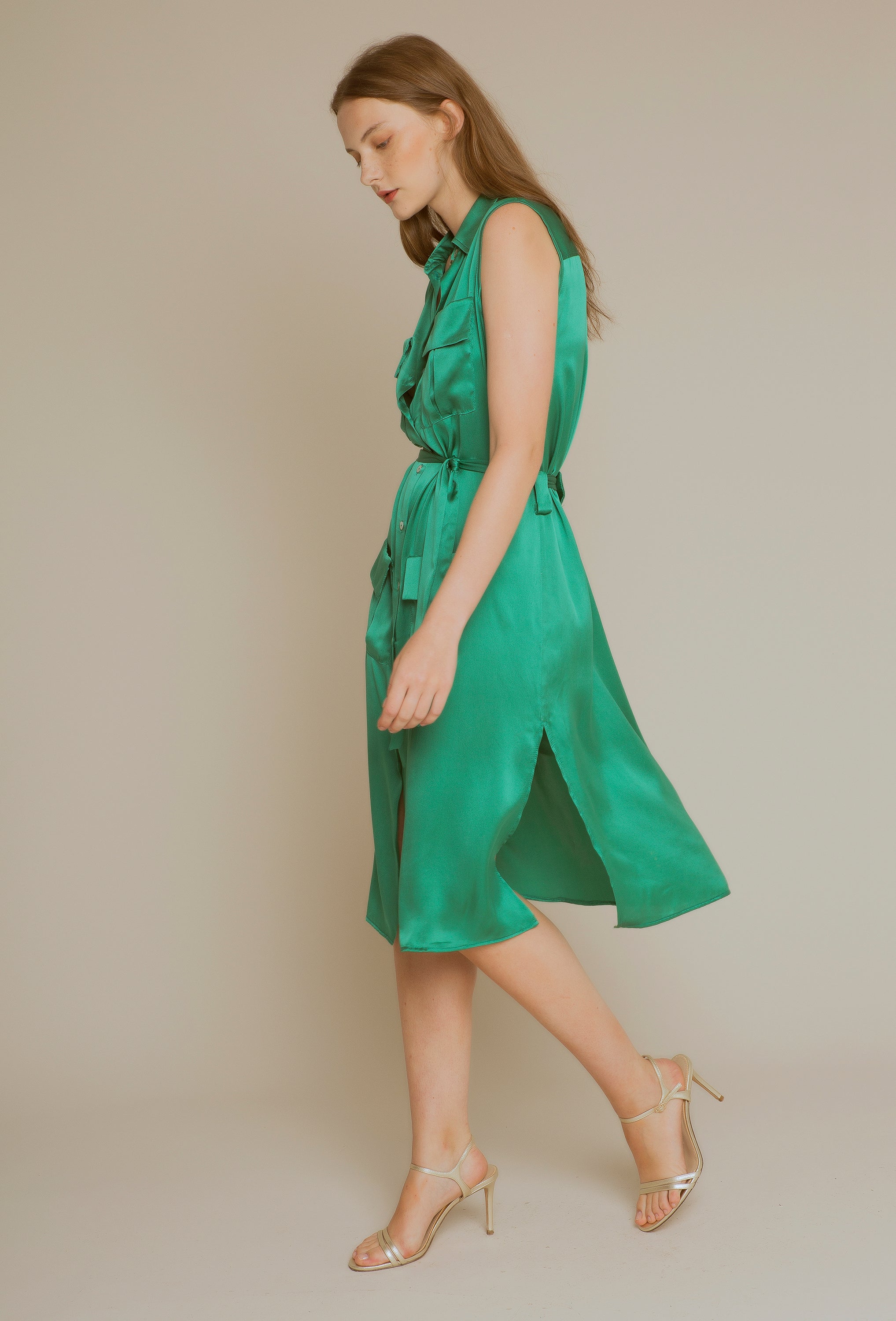 Green silk shirt dress