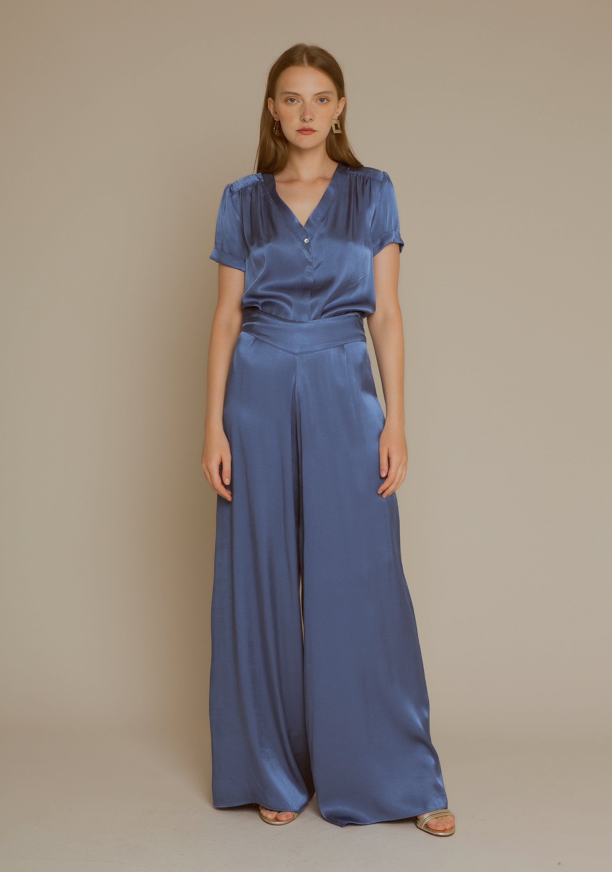 Blue satin palazzo pants
