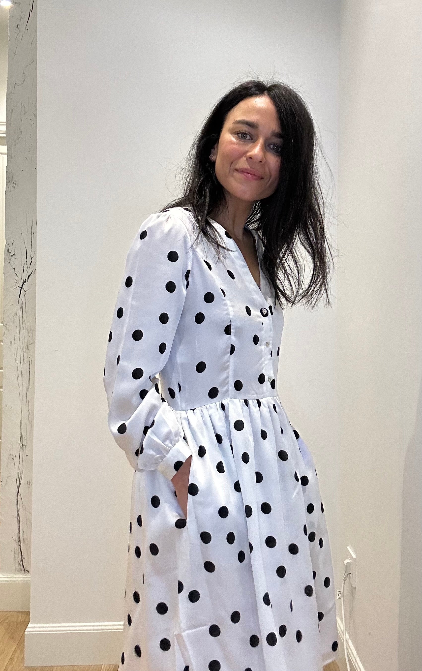 White dress with black polka dots