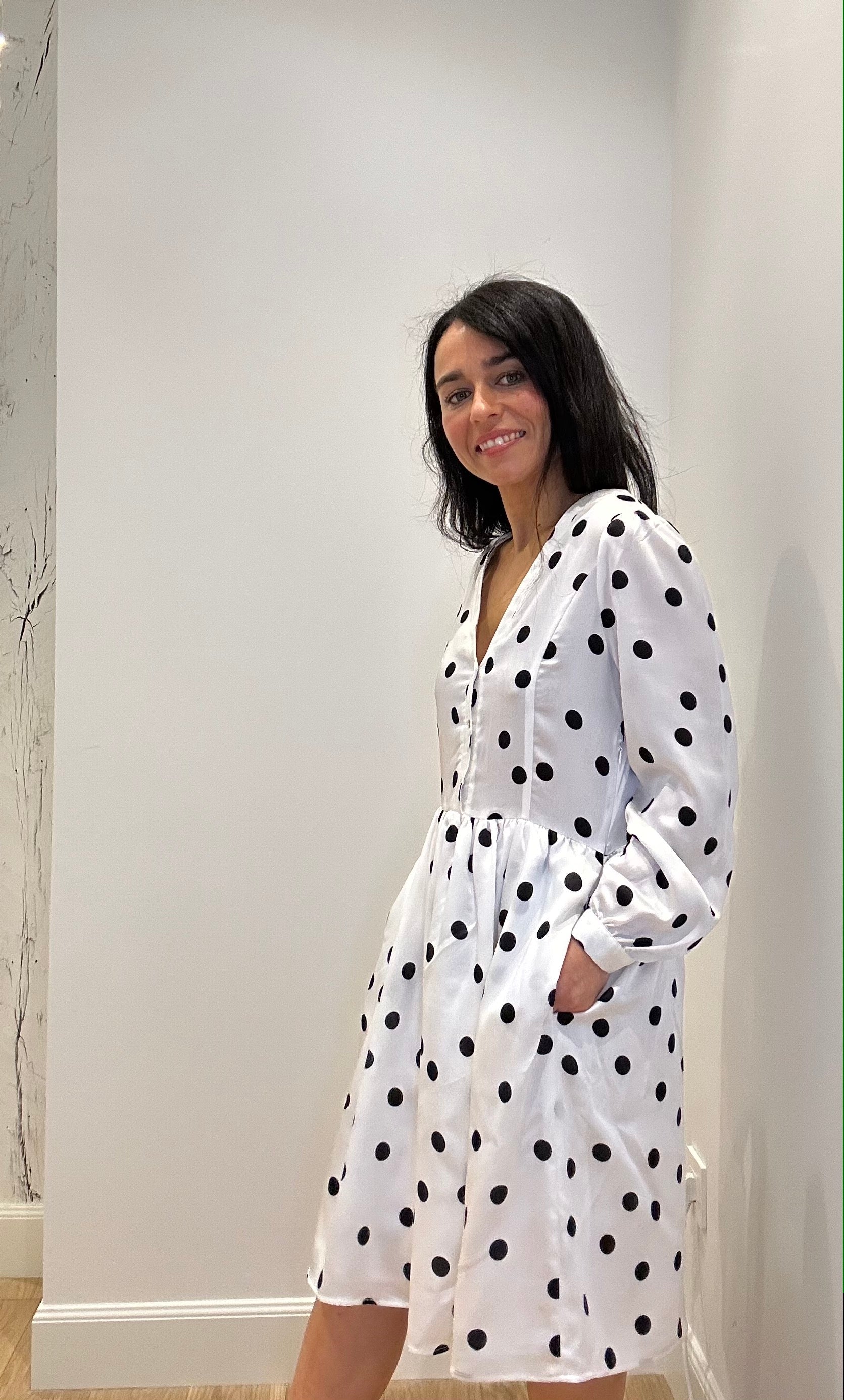 White dress with black polka dots