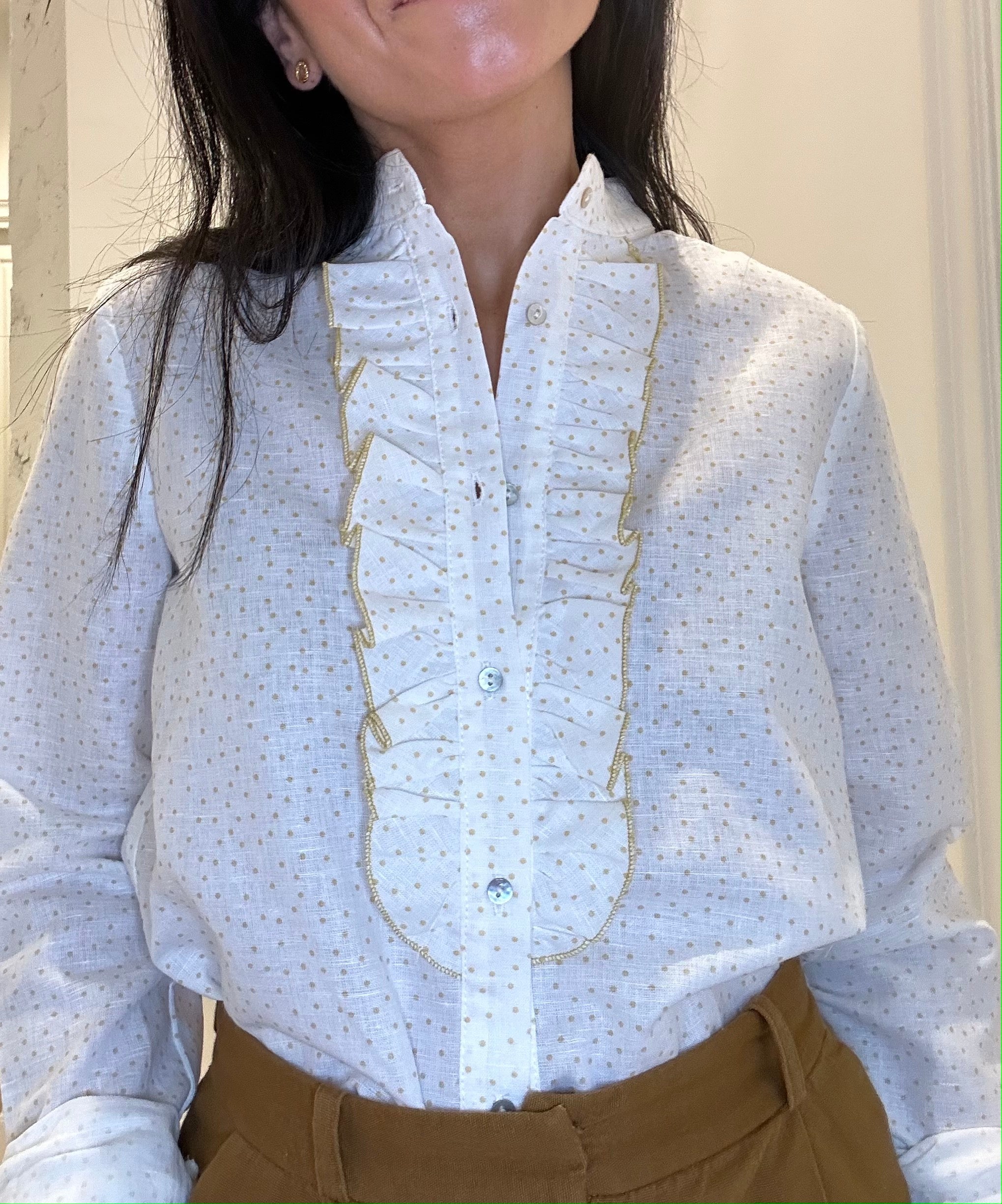 Blouse en lin à volants chiné moutarde