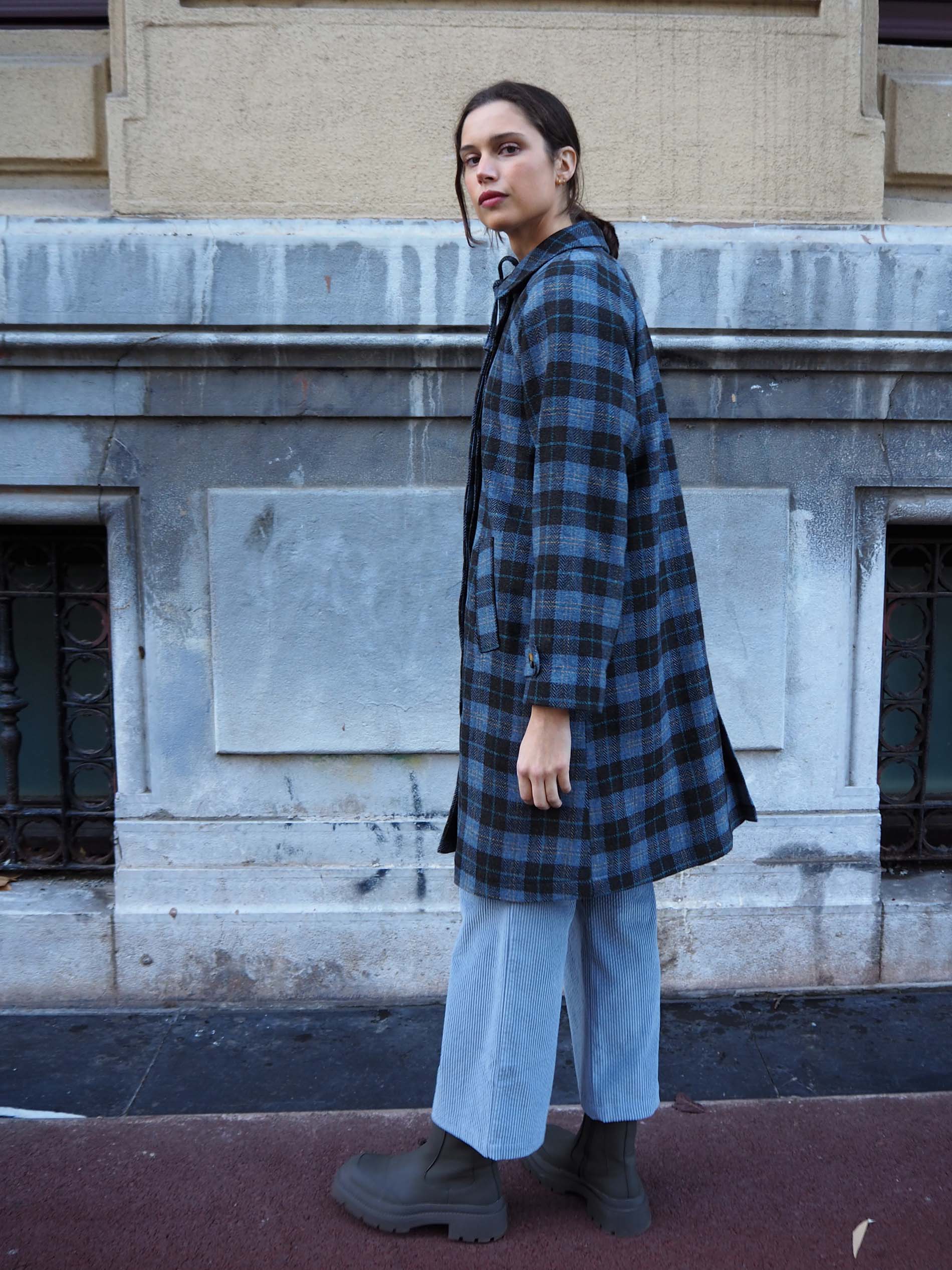 Abrigo lana cuadro azul CORINTO