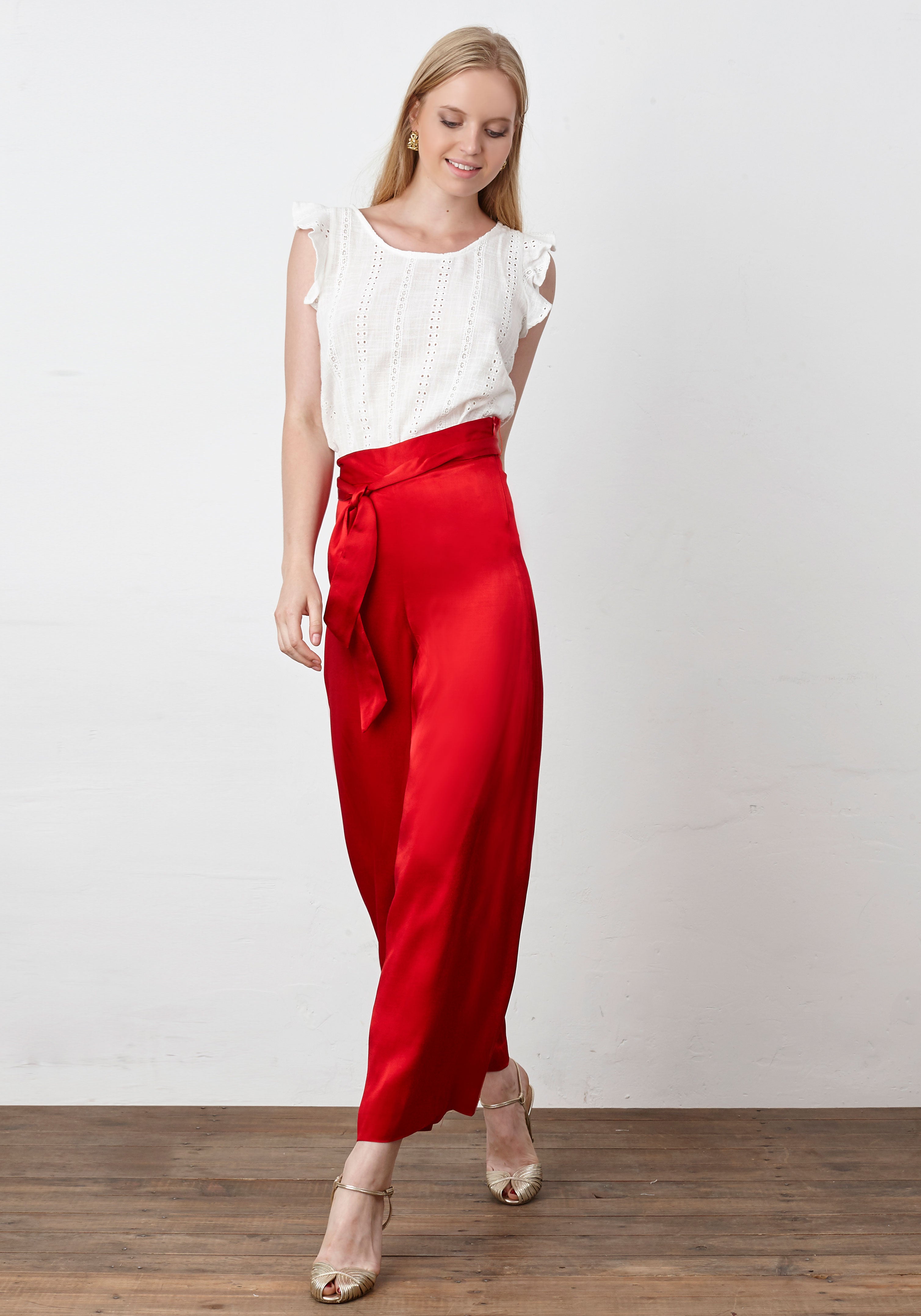 Red satin culotte trousers