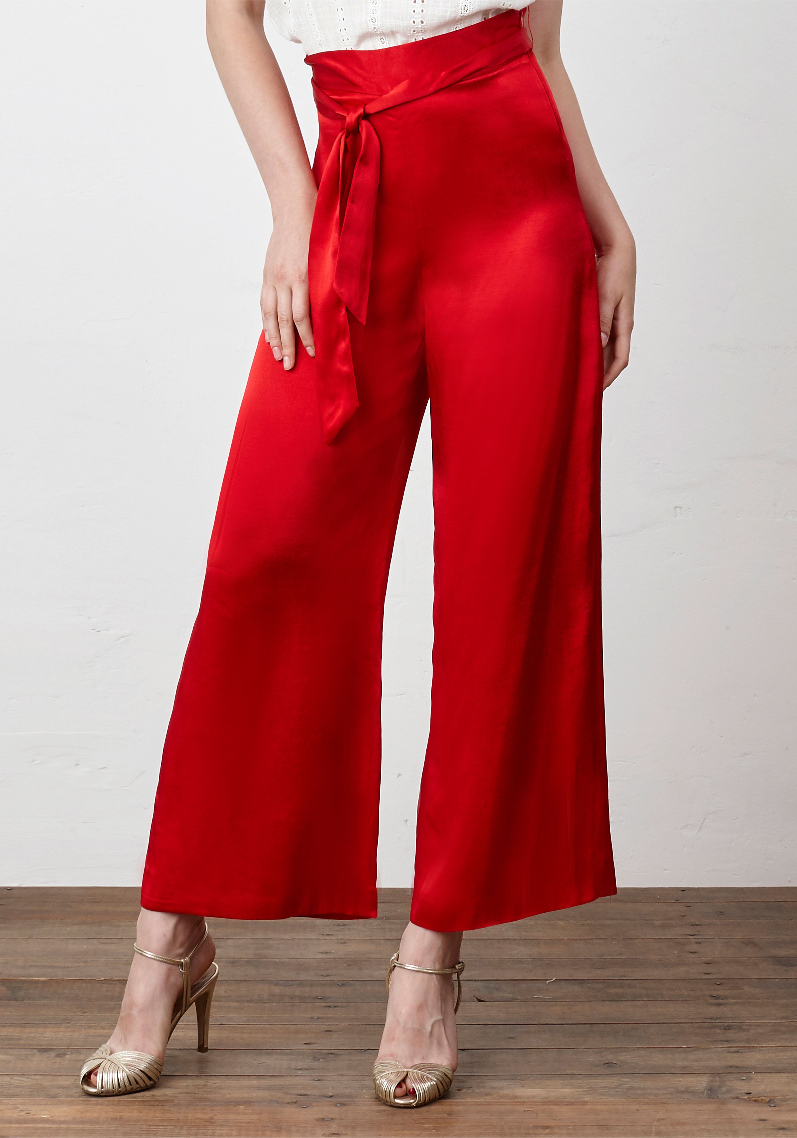 Red satin culotte trousers