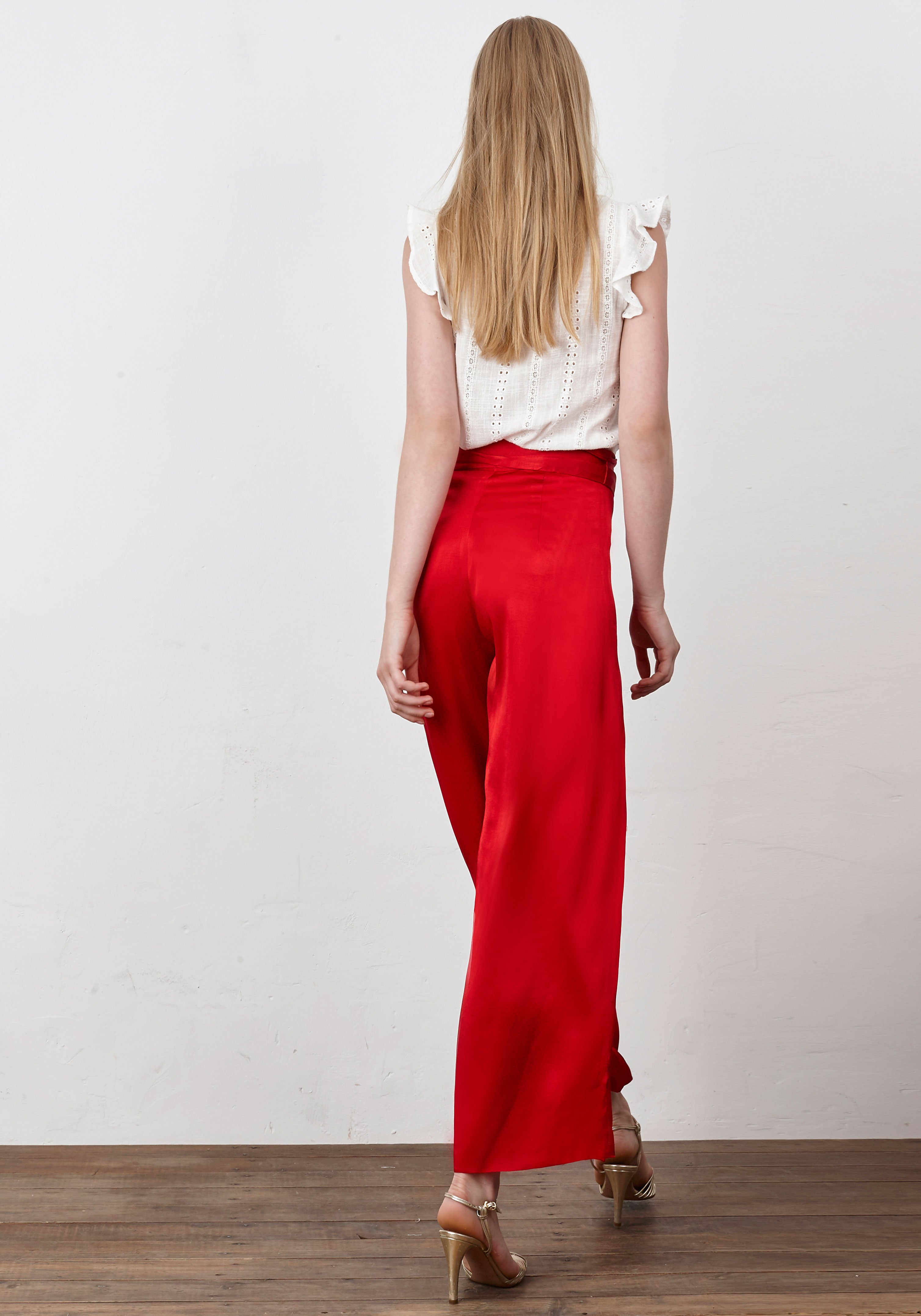 Red satin culotte trousers