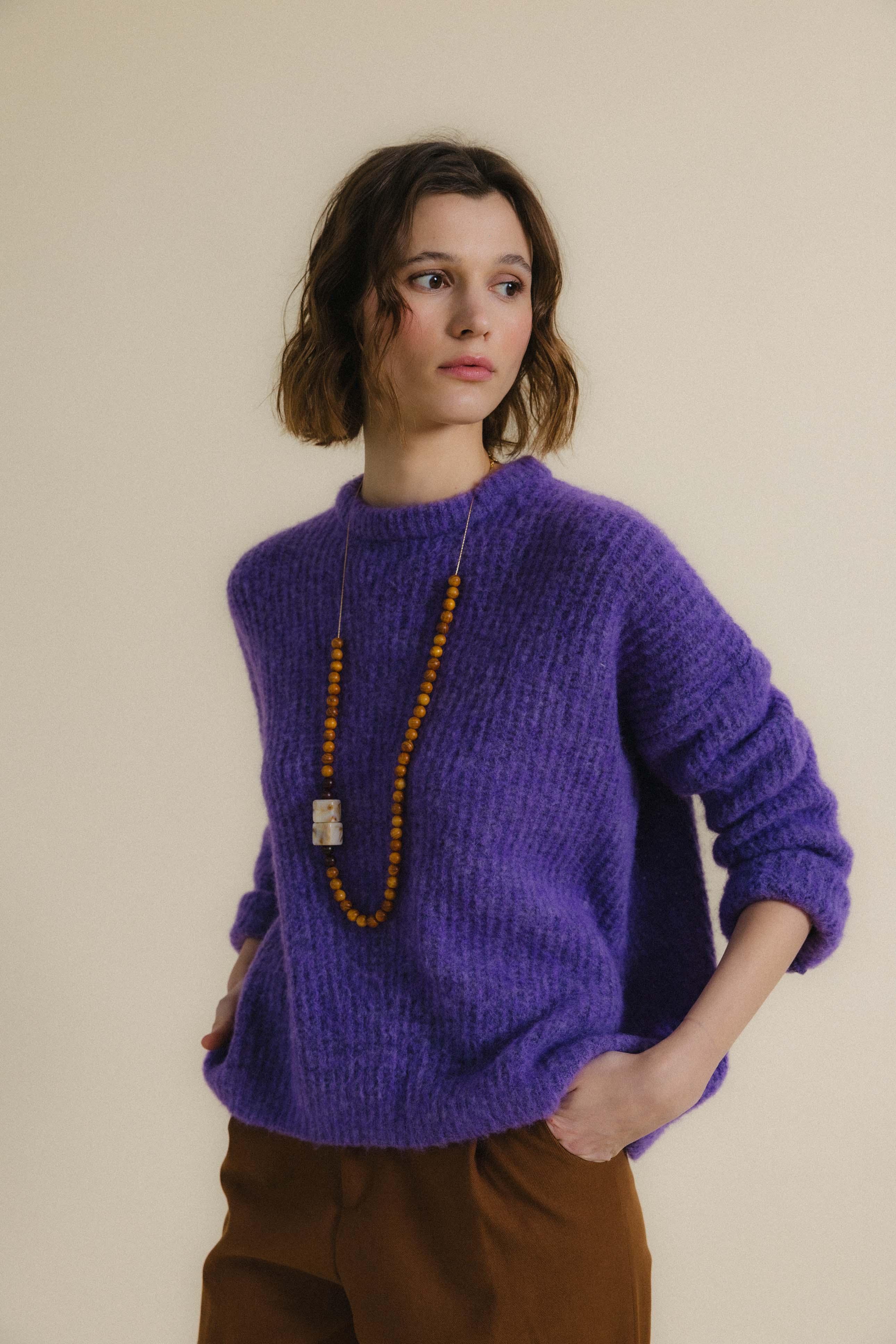 Jersey de punto EDIMBURGO malva. Baby alpaca y lana merino