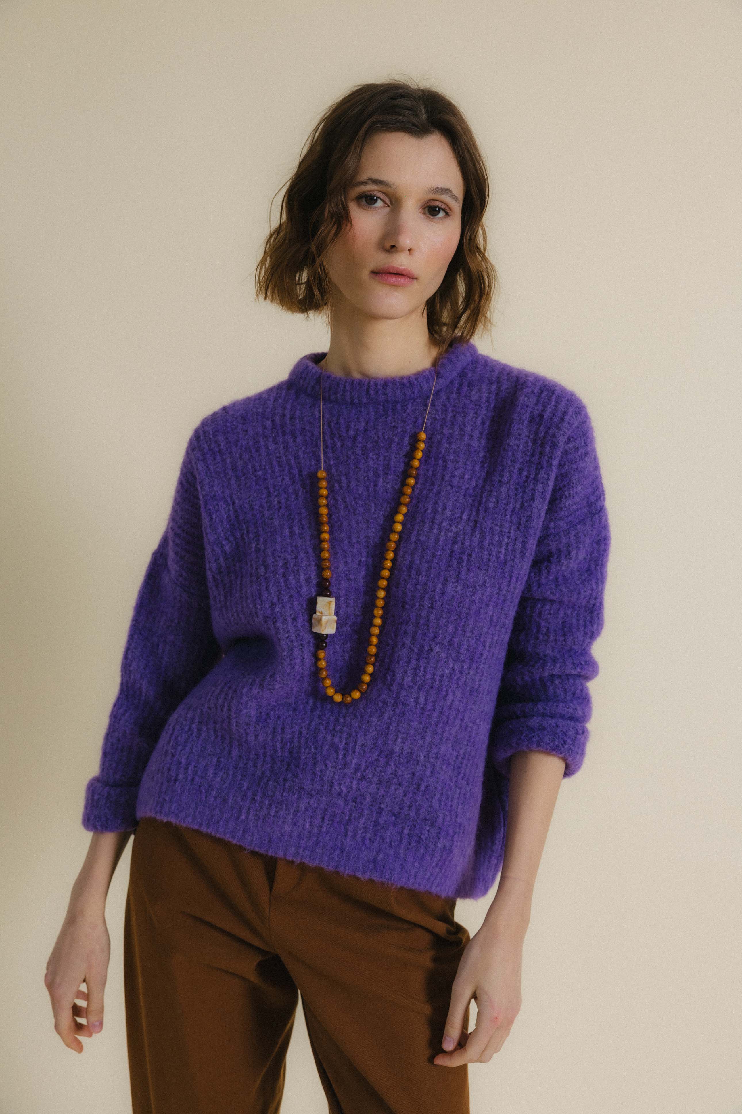 Jersey de punto EDIMBURGO malva. Baby alpaca y lana merino