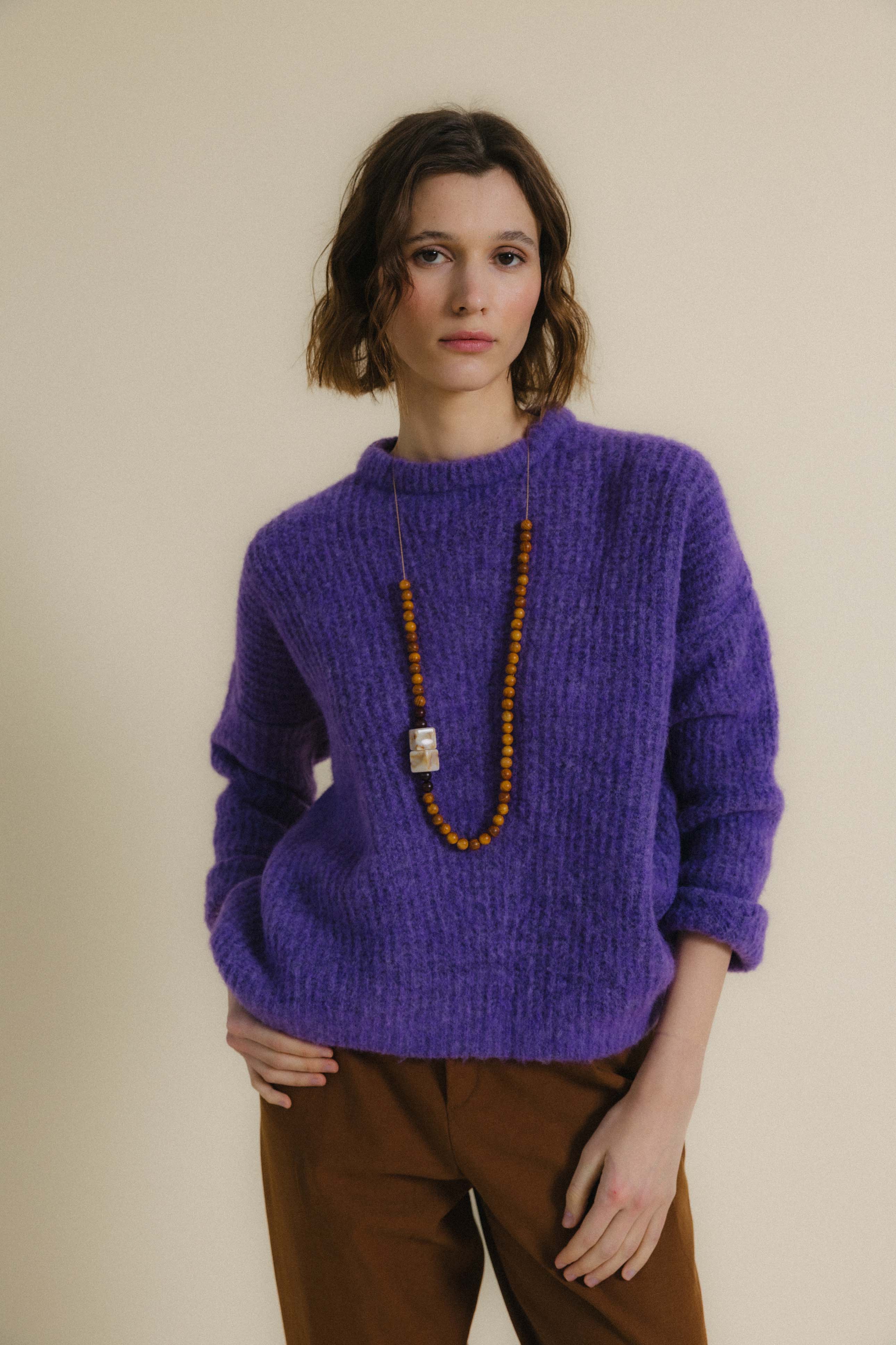 Jersey de punto EDIMBURGO malva. Baby alpaca y lana merino