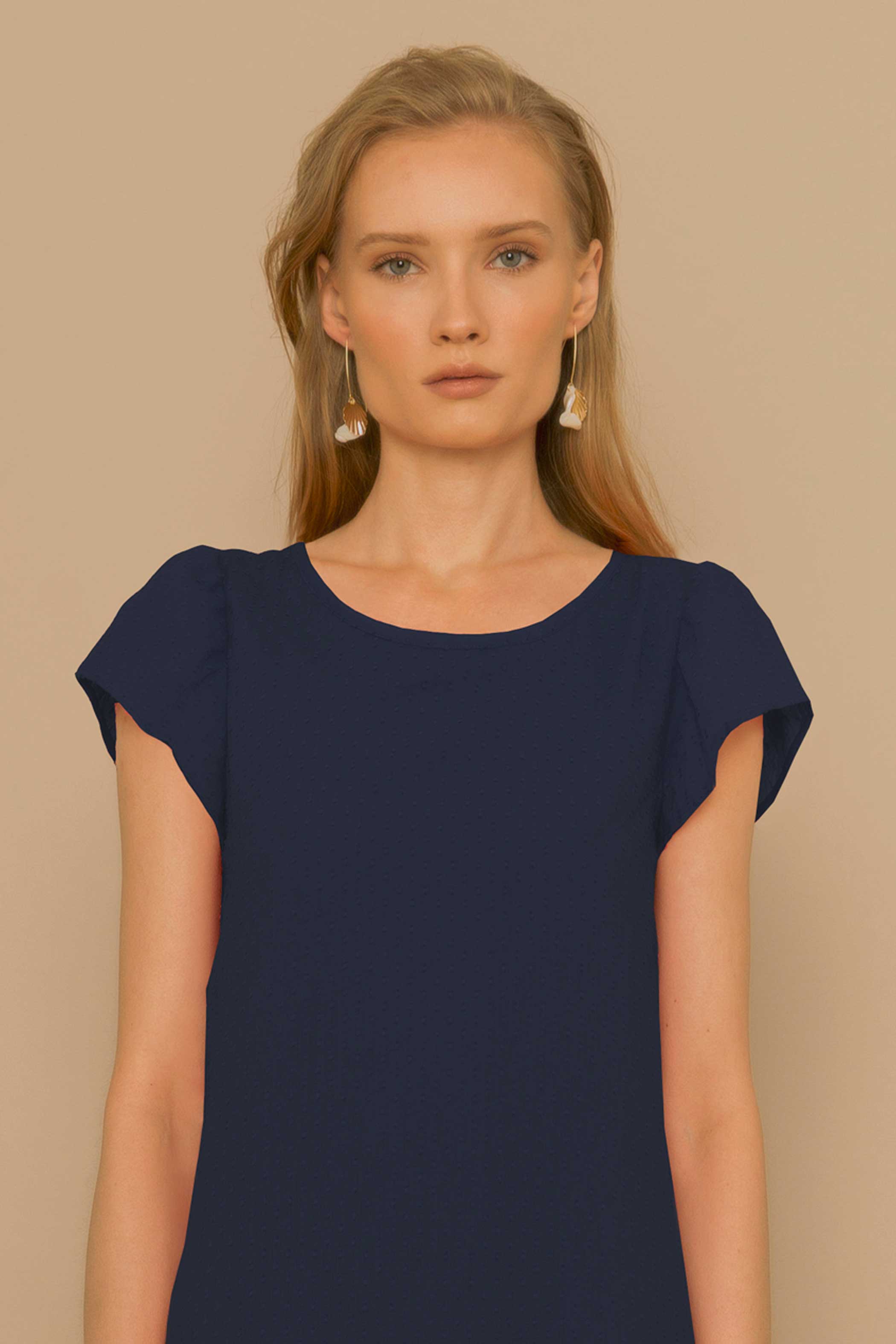Navy blue bambula short-sleeved blouse