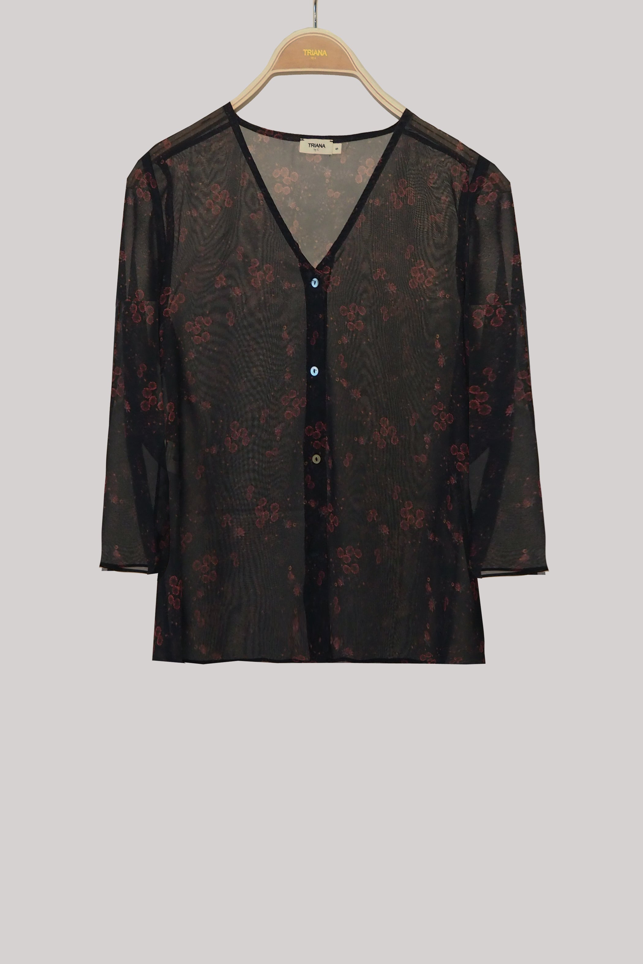 Blusa london gasa negra flor rojiza