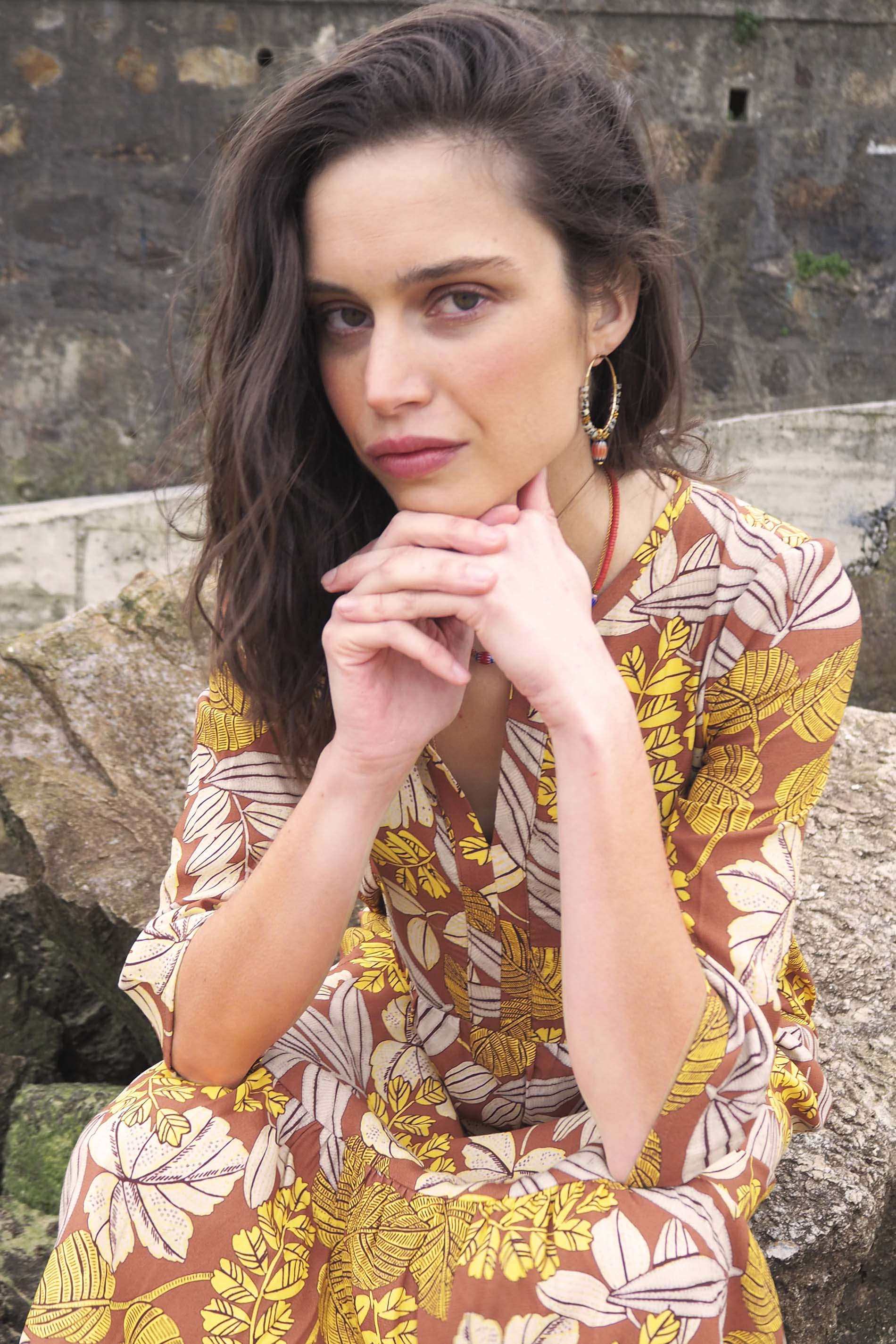 Vestido BROMELIA tropical print tabaco