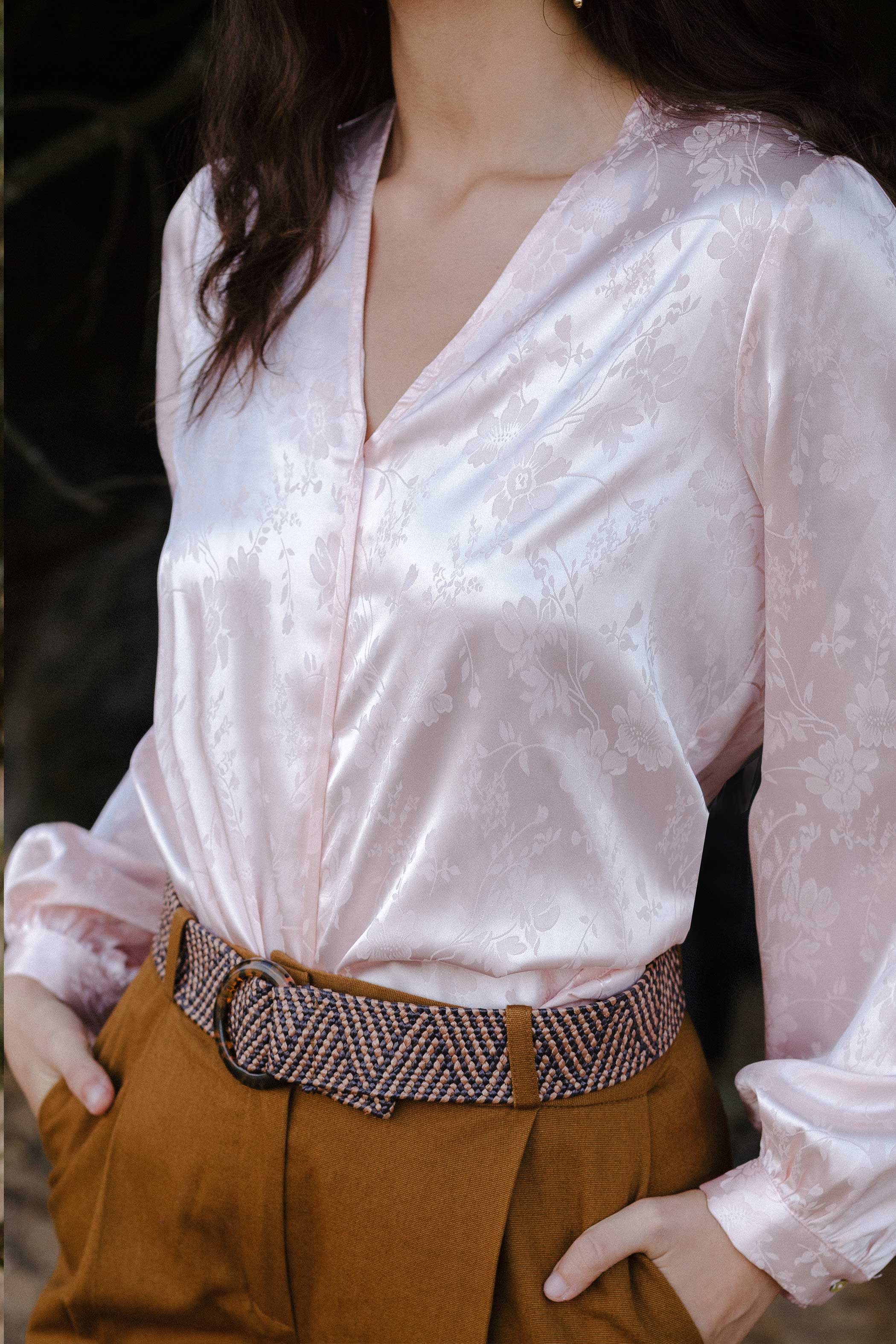 Mint green jacquard V-neck blouse