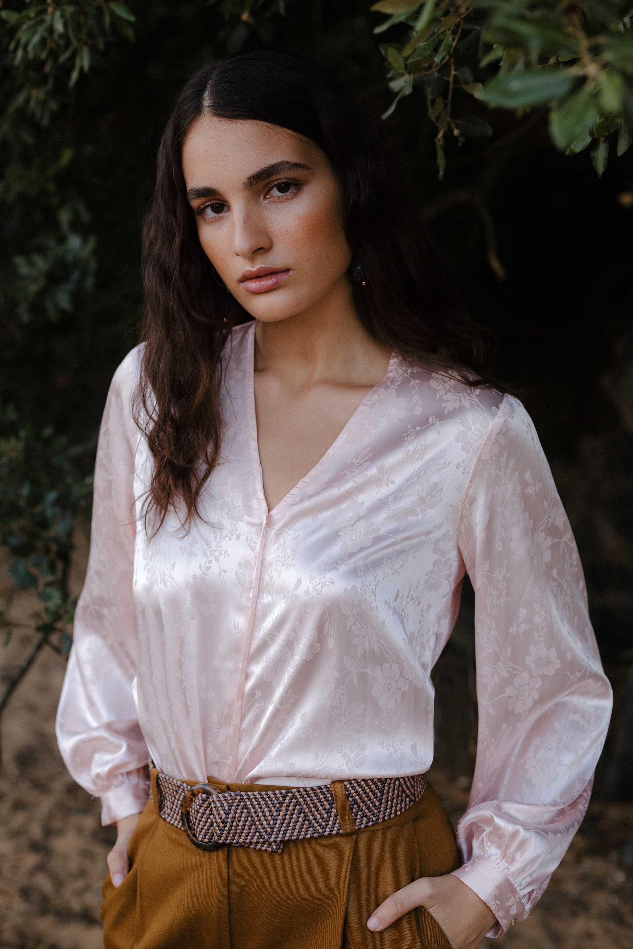 Mint green jacquard V-neck blouse