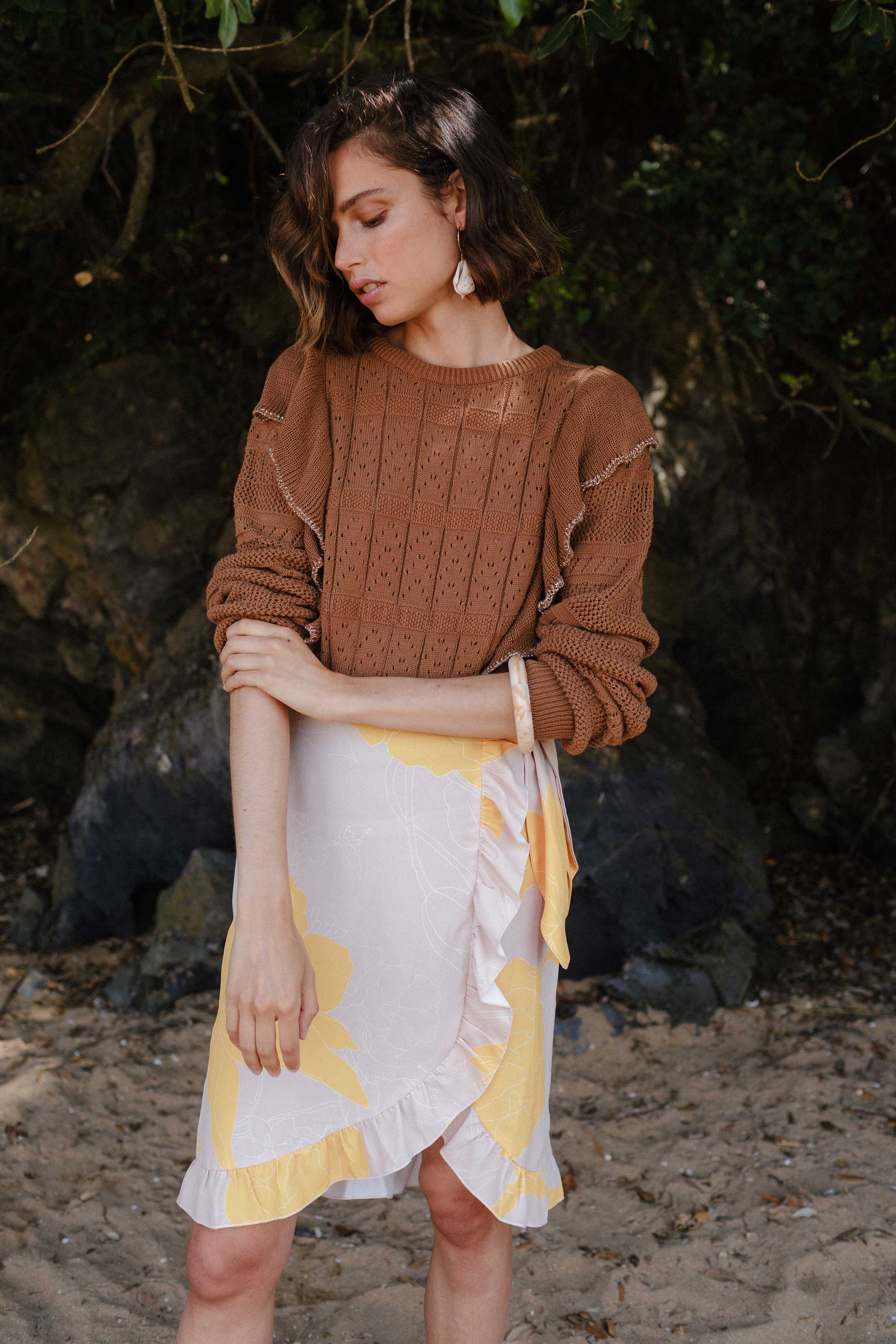 Mustard/sand print ruffle skirt