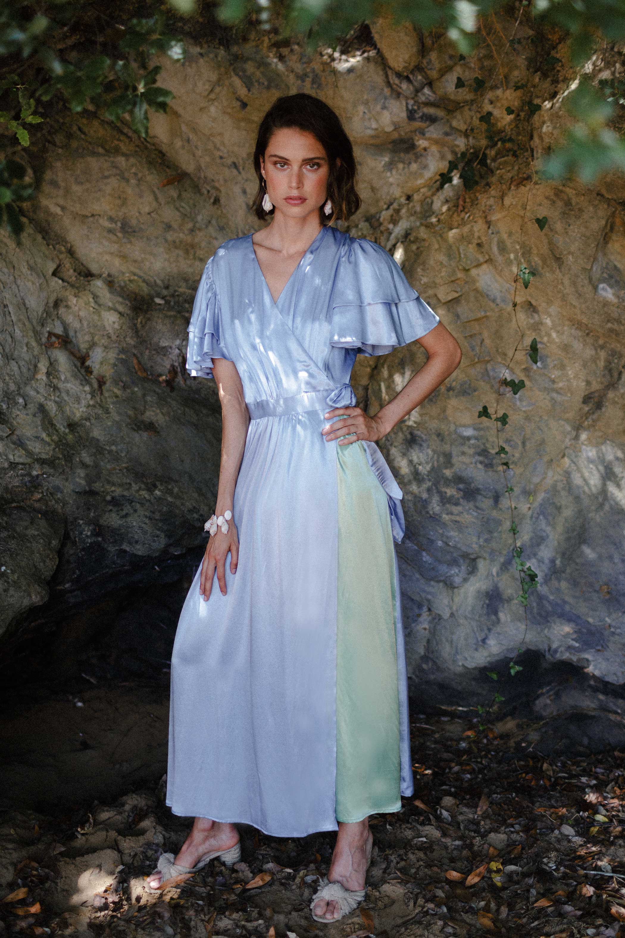 Blue and green satin wrap dress
