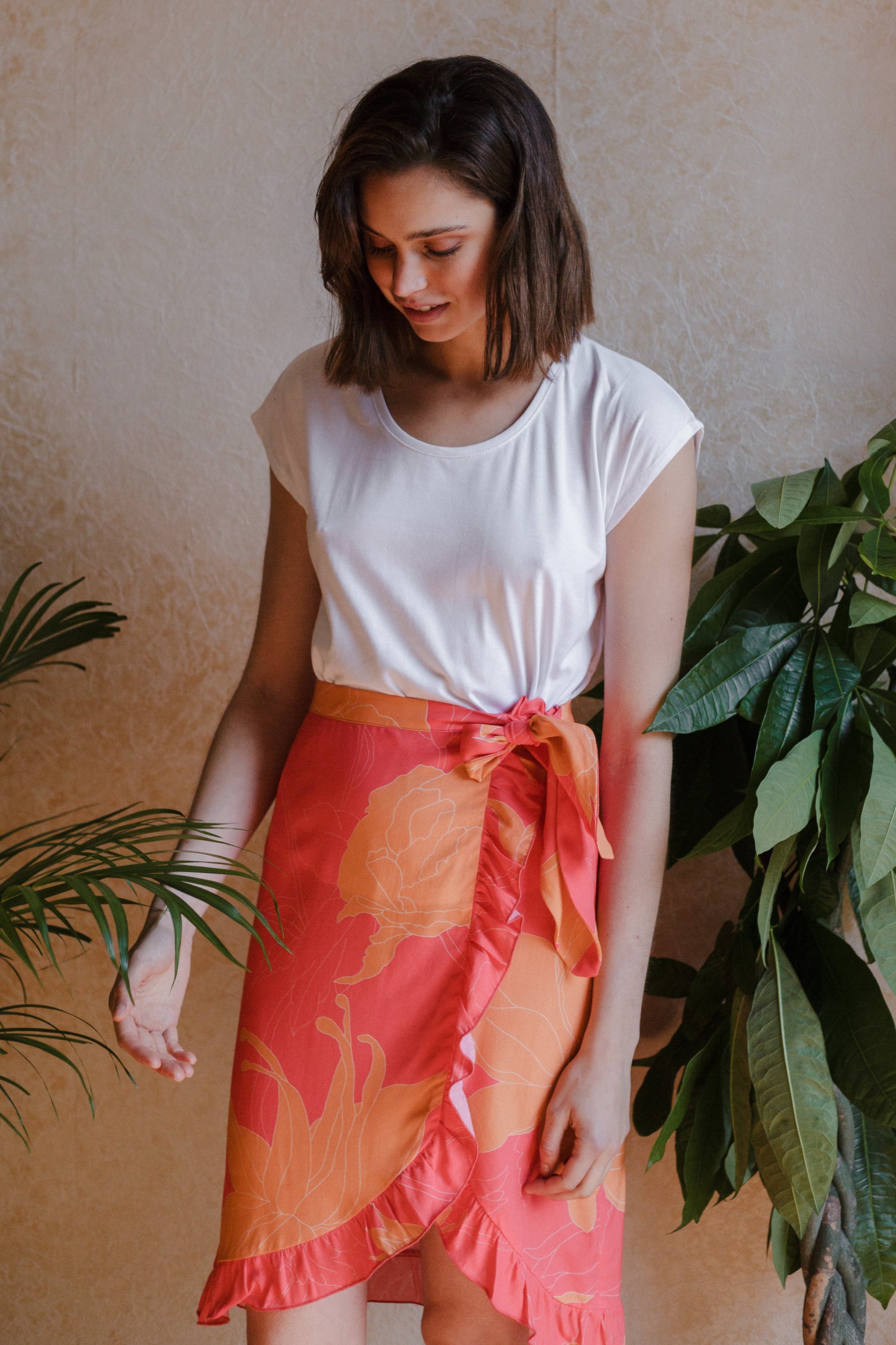 Coral/pink print flounce skirt