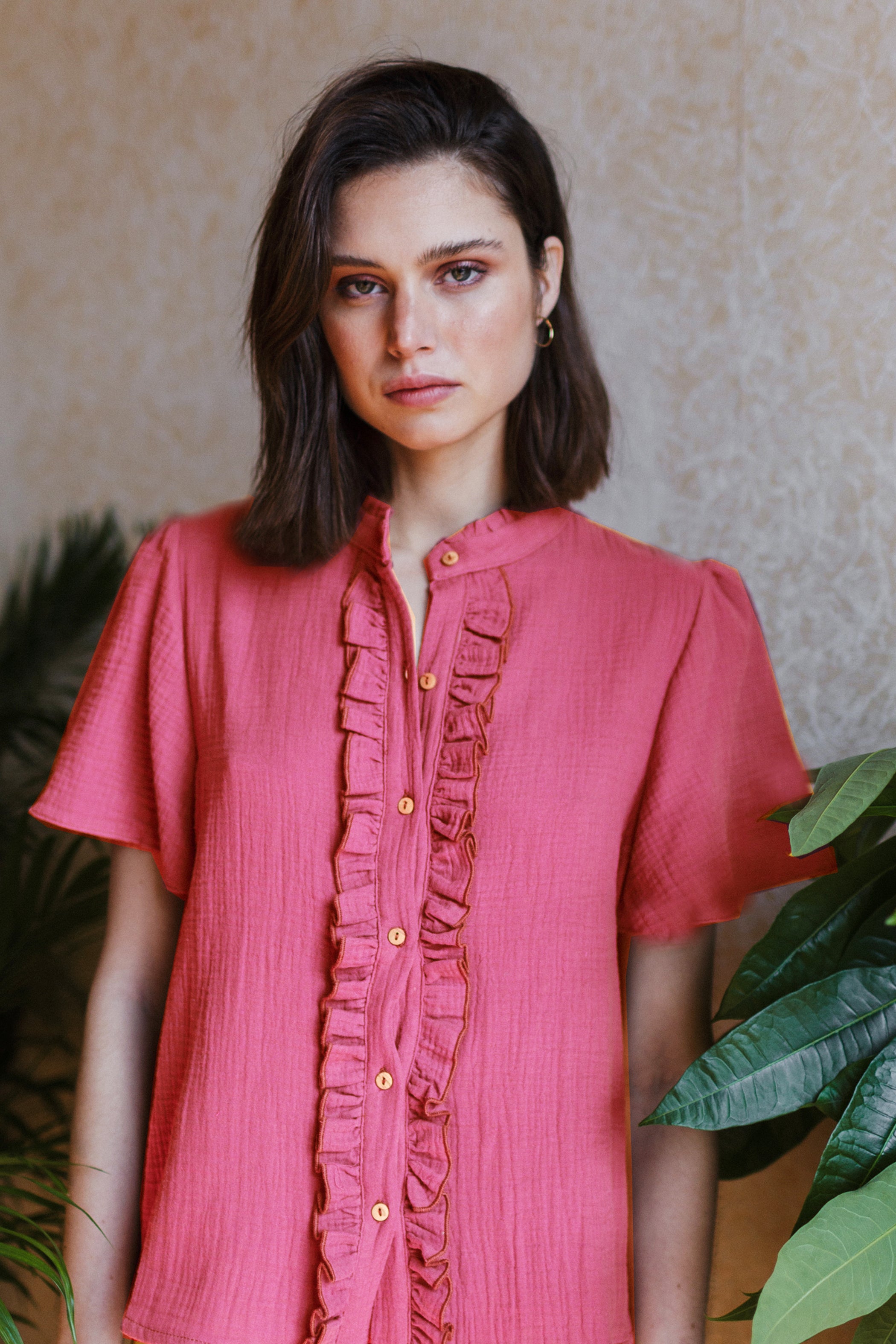 Exclusive embroidered raspberry bambula blouse