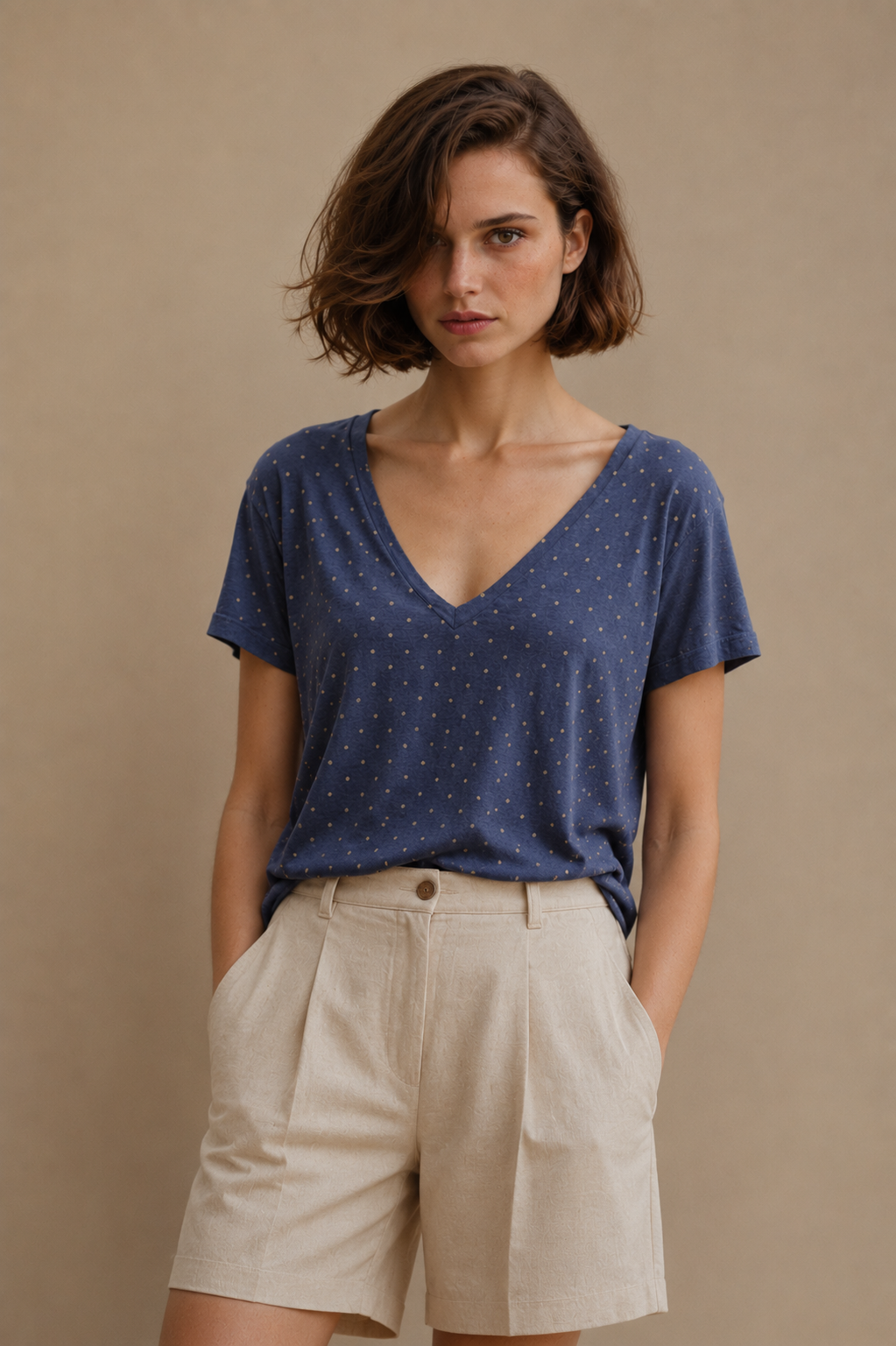 Blue short-sleeved T-shirt with golden flecks