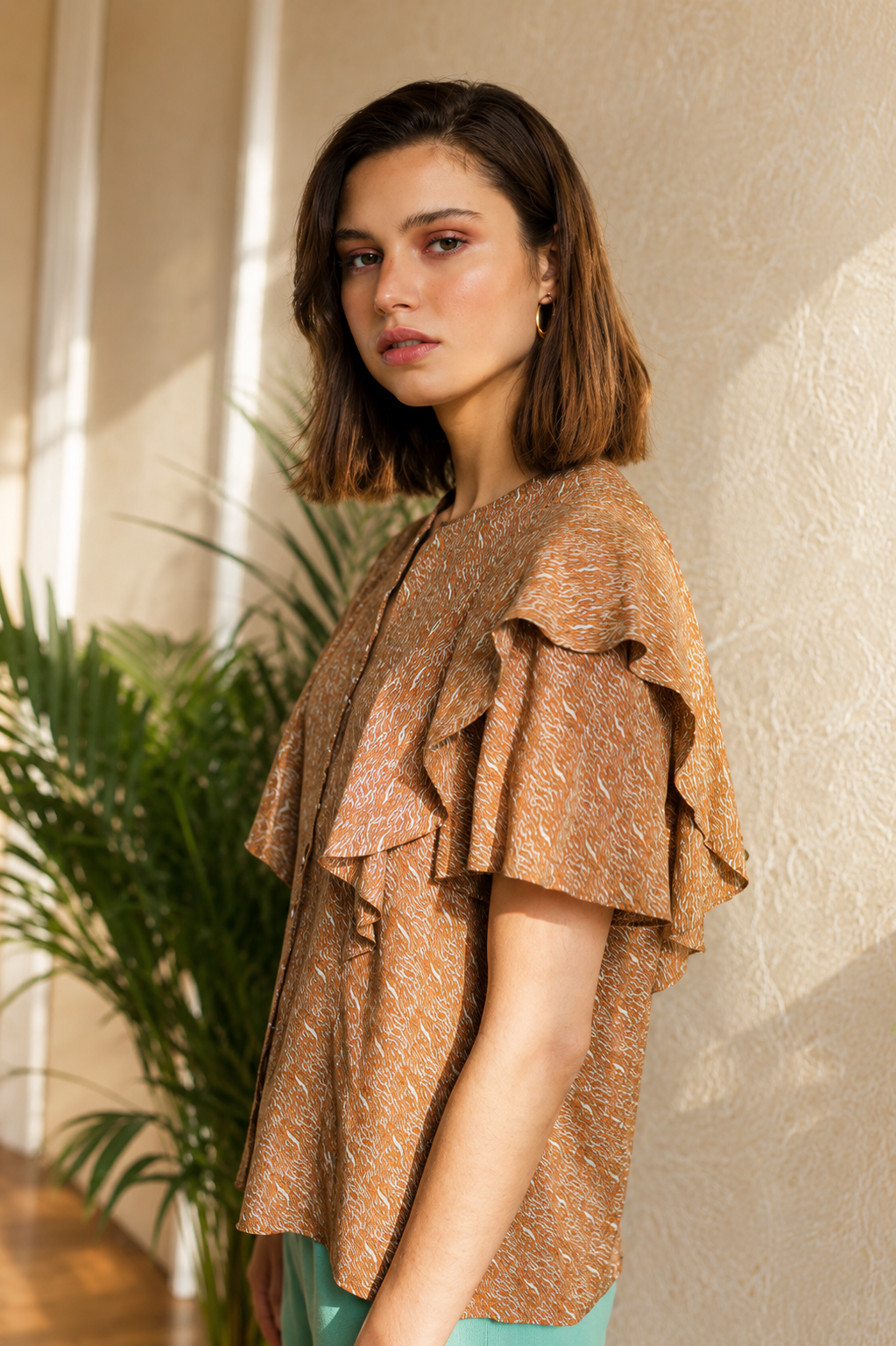 Animal print blouse TOBACCO MINT ruffles