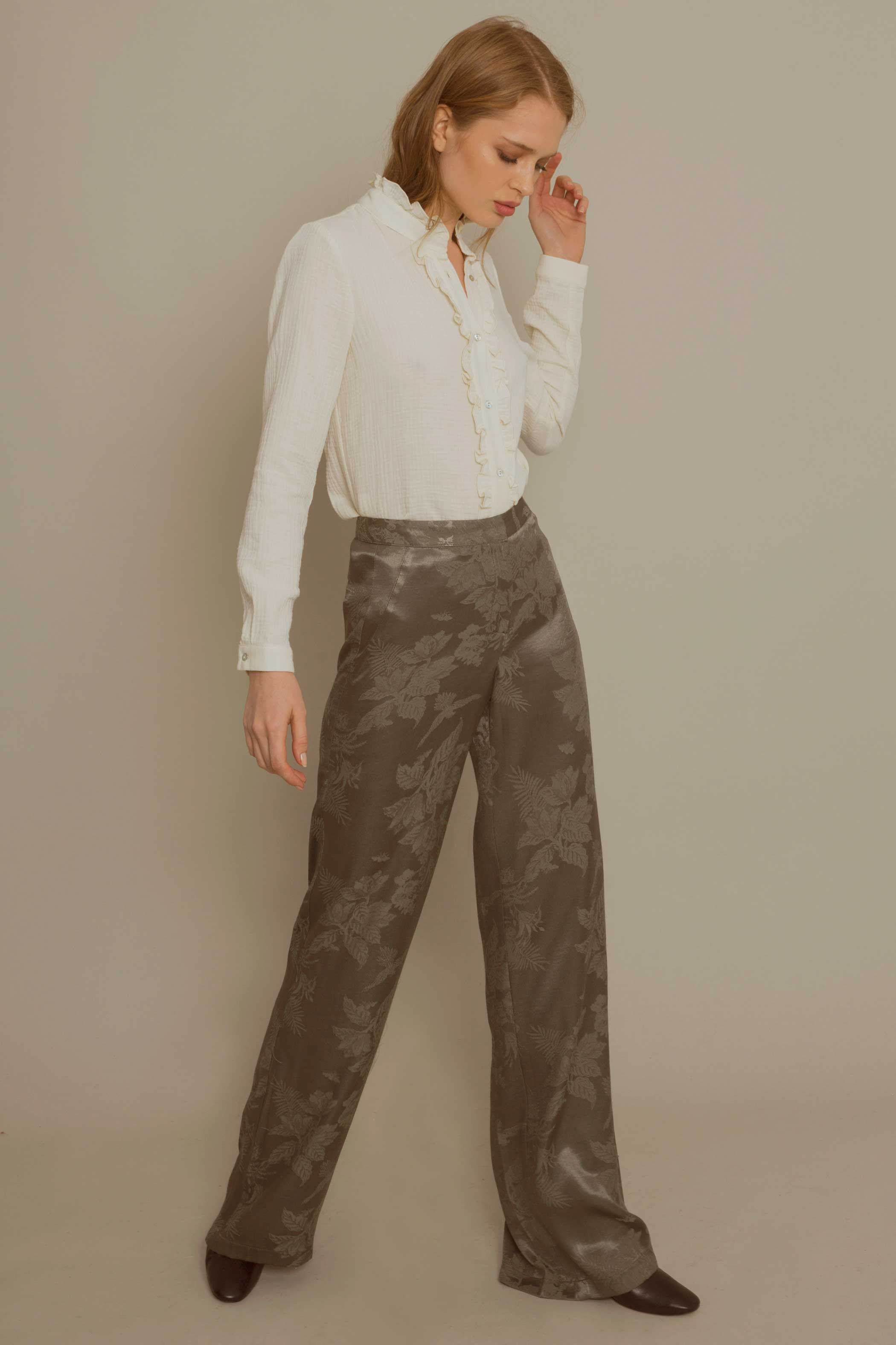 GREEN JAQUARD high flared trousers