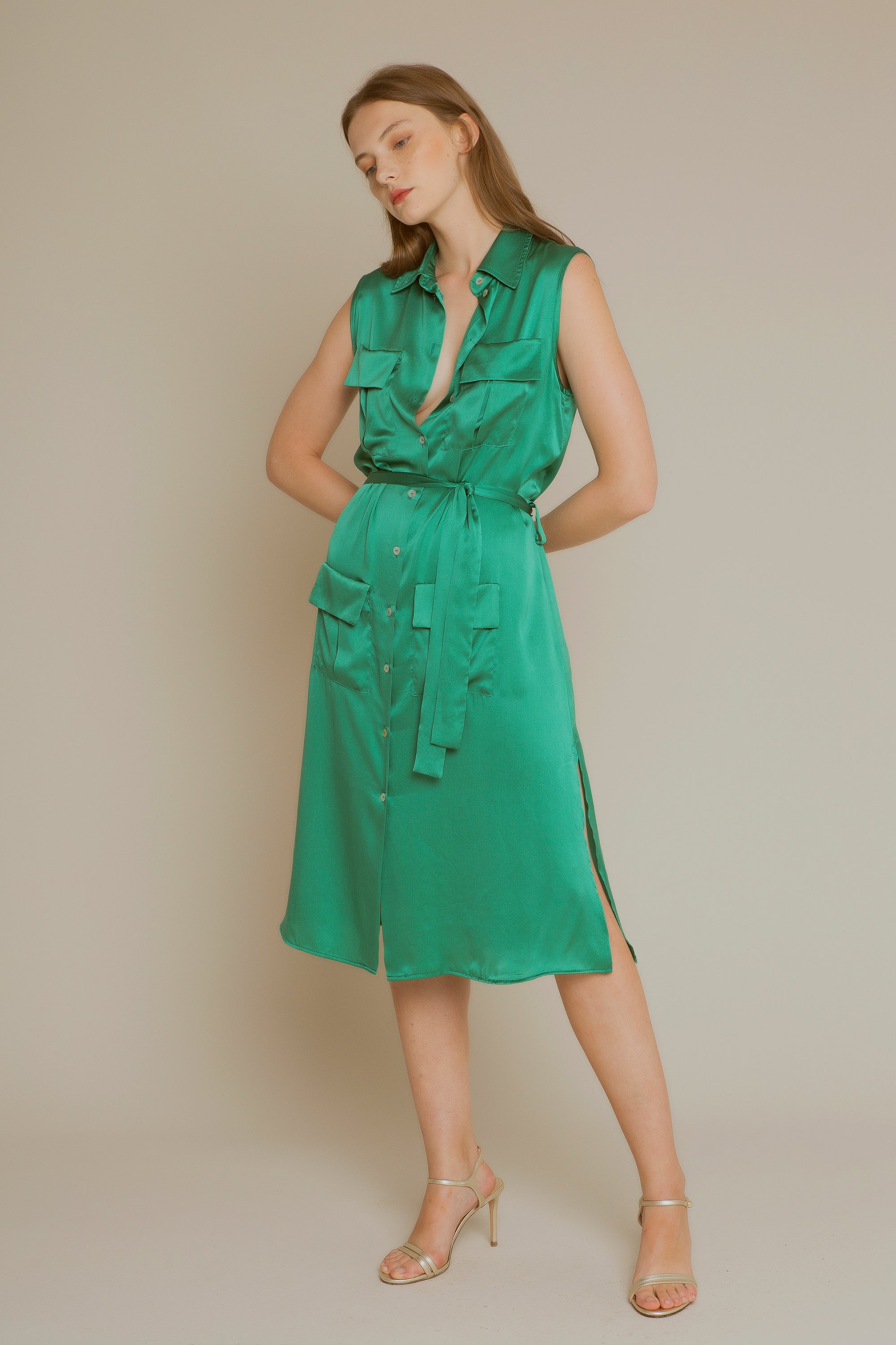 Green silk shirt dress