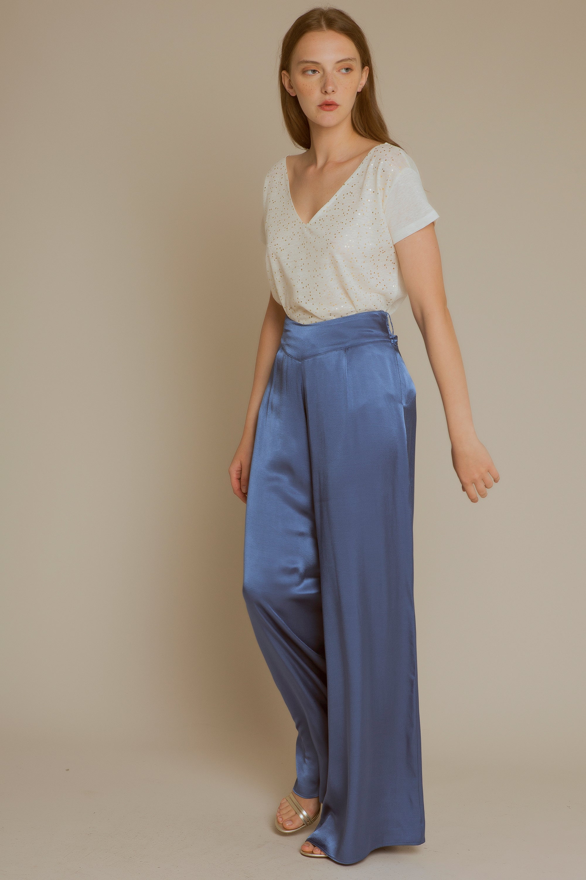 Blue satin palazzo pants