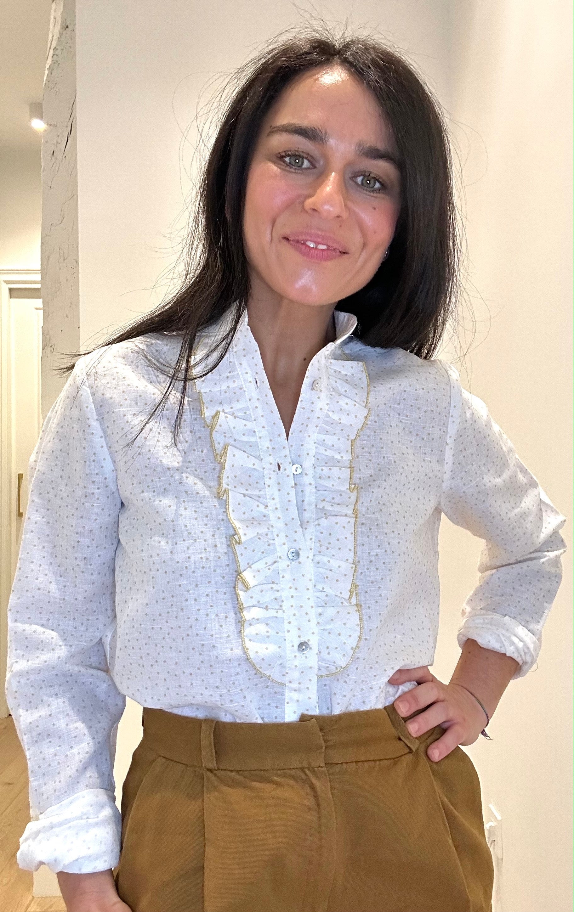 Blouse en lin à volants chiné moutarde