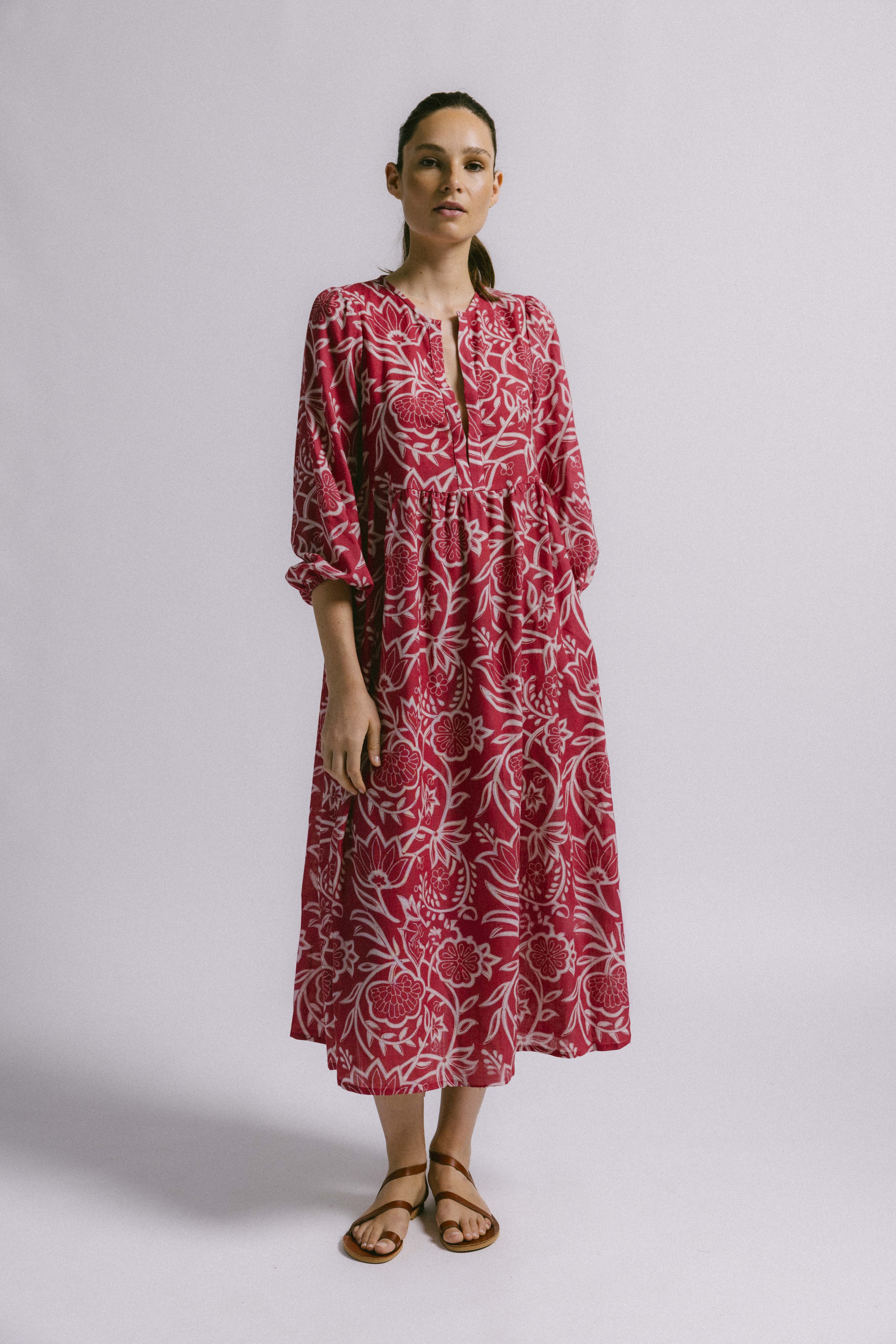 Vestido brandon flor deco rojo