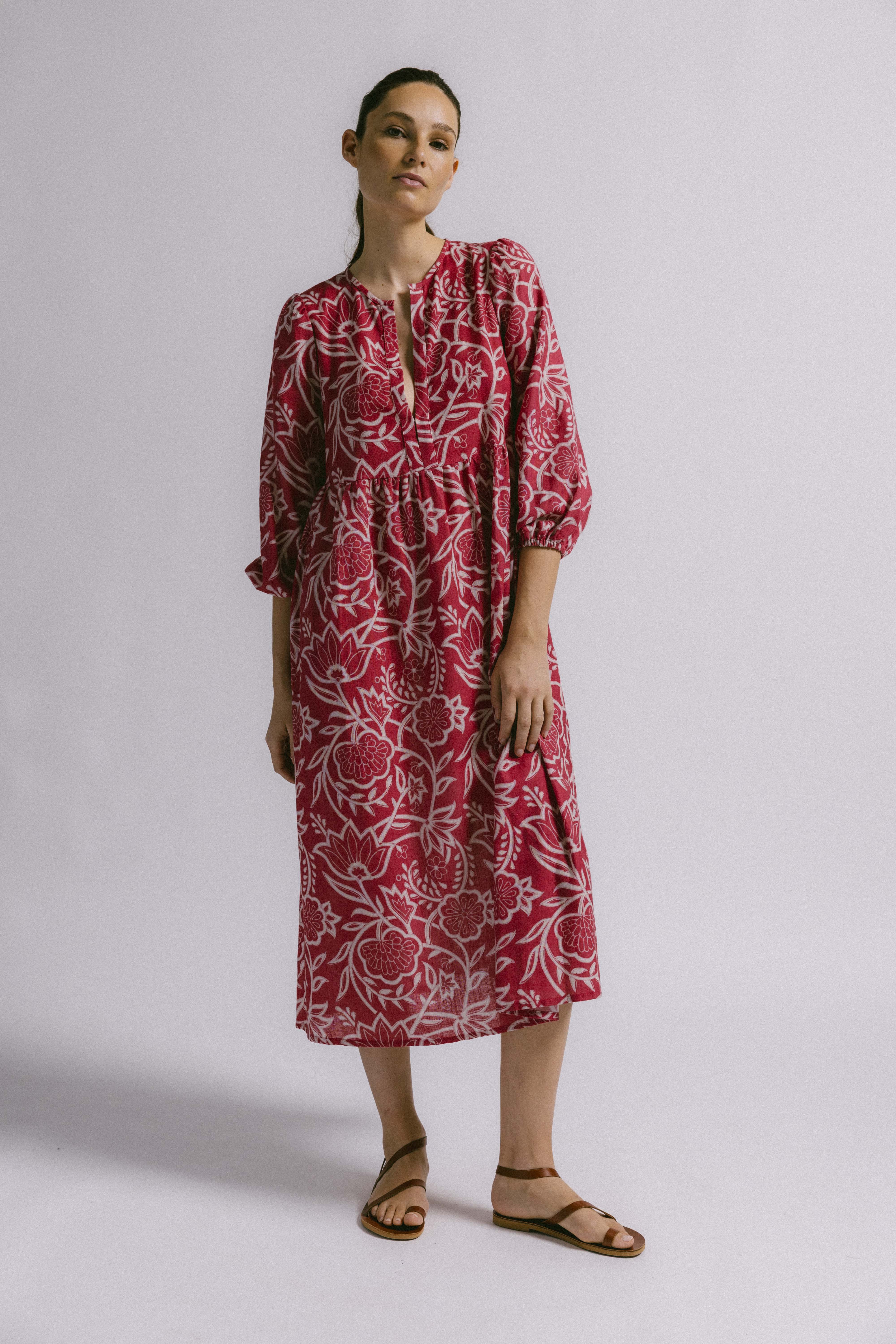 Vestido brandon flor deco rojo