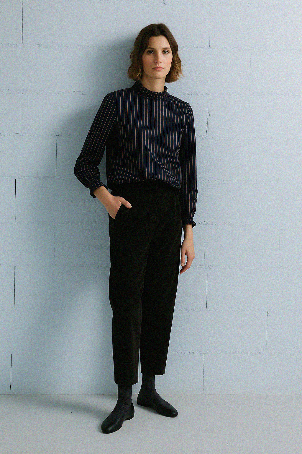 BLUSA PORI RAYAS MARINO Y TEJA