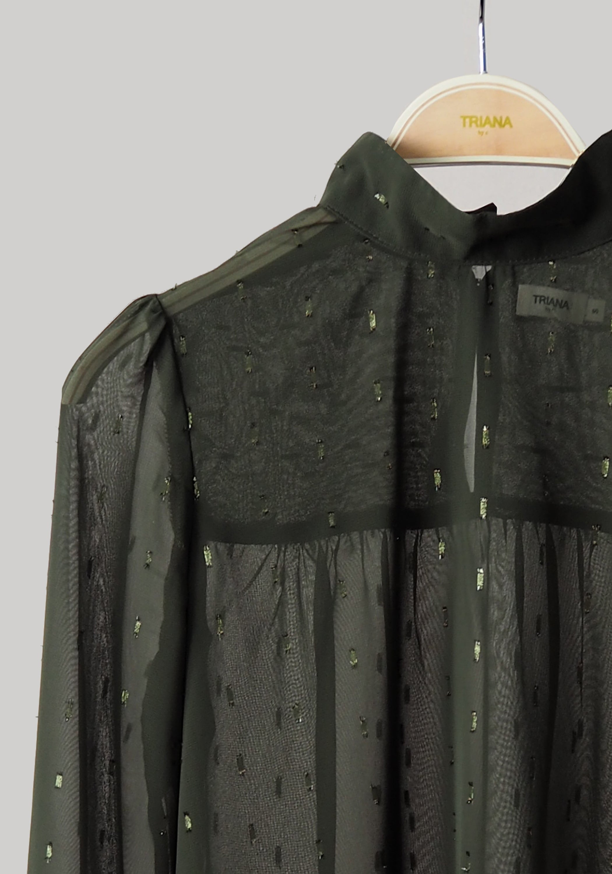 Blusa cuello Perkins gasa VERDE motas doradas