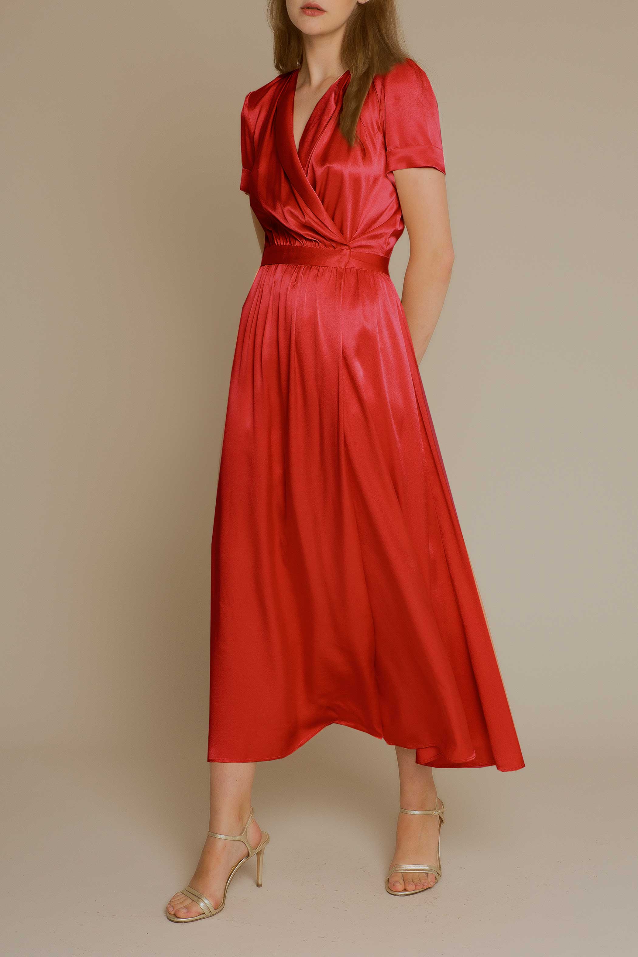 RED satin wrap dress