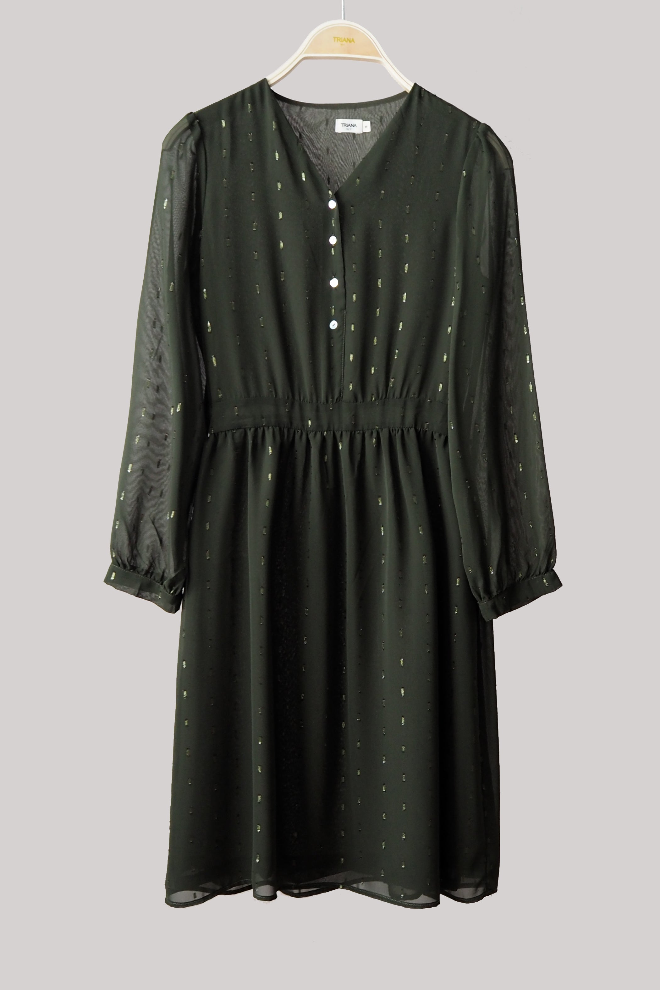 Vestido escote pico botonadura verde glitter dorado